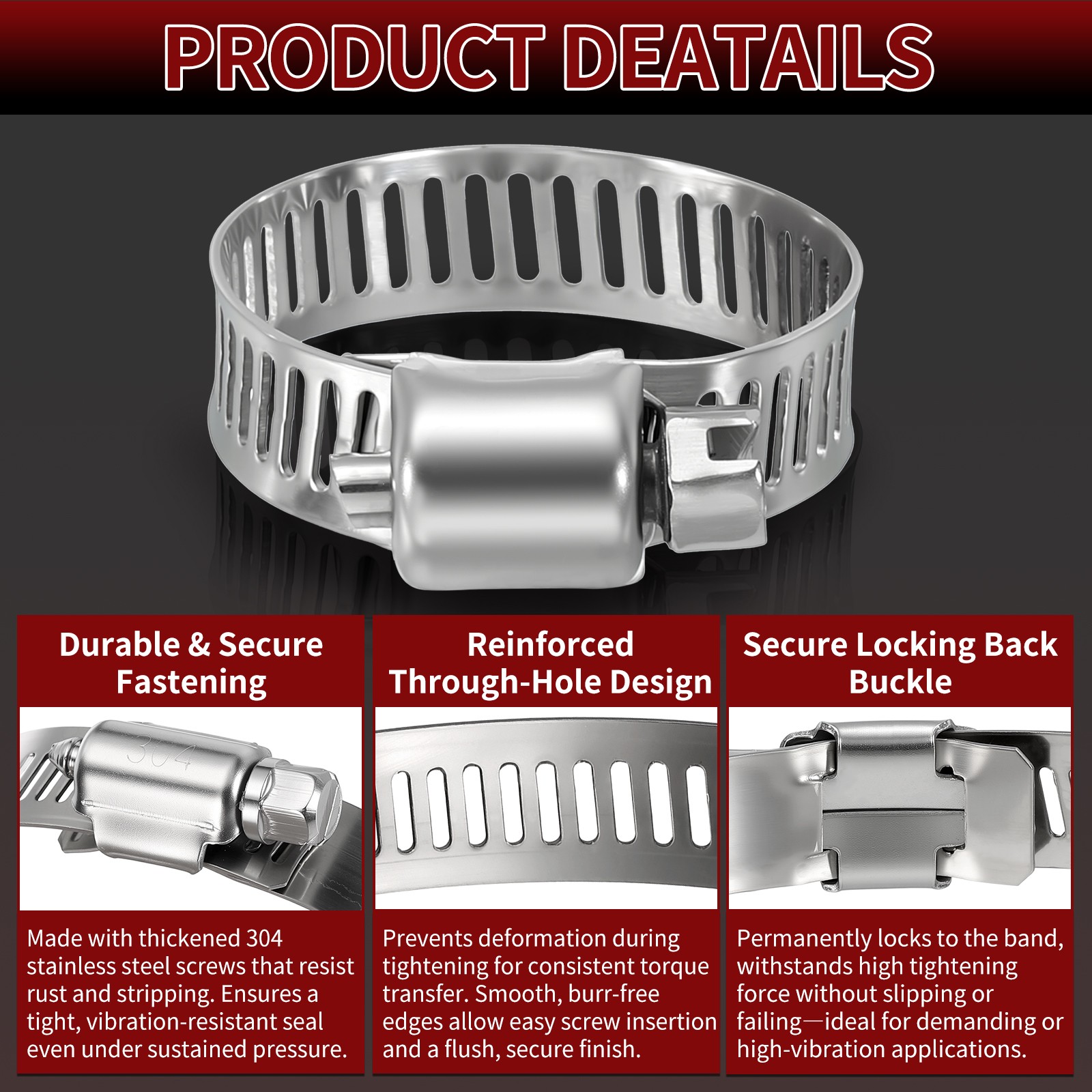 8 Pack Stainless Metal Hose Clamps, Large Adjustable from 0.4″ – 0.6″