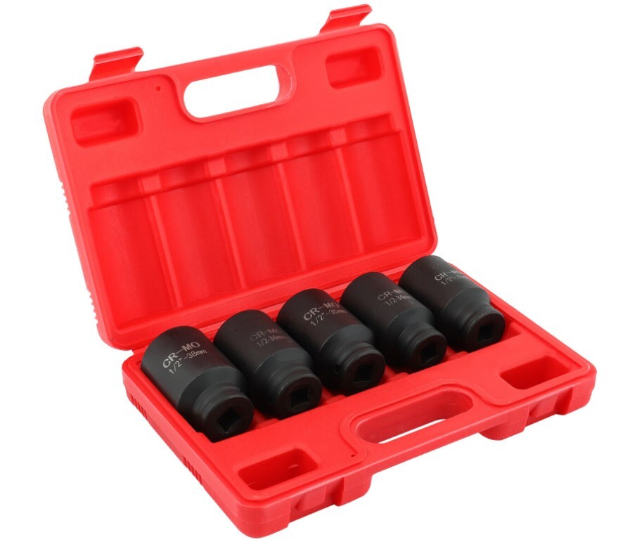 5pcs 33 34 35 36 38mm 1/2» Drive 6 POINT Deep Spindle Axle Nut Socket Set