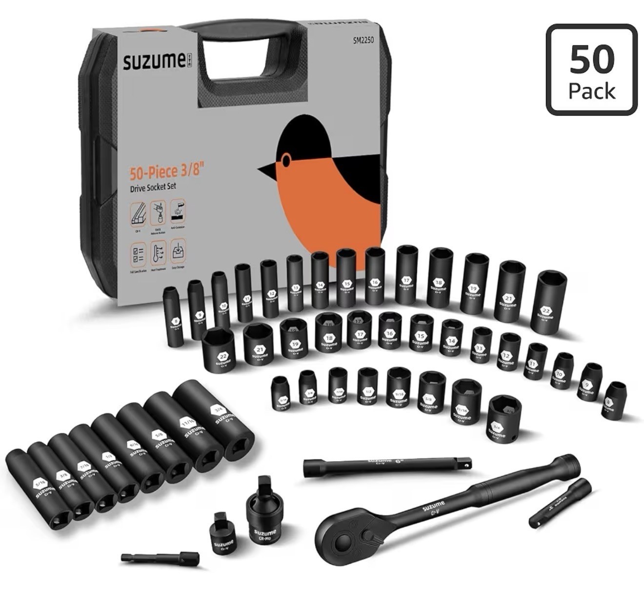 SUZUME 3/8 Impact Socket Set, Cr-V Steel, 6 Point, 3/8″ Drive, 50-Piece