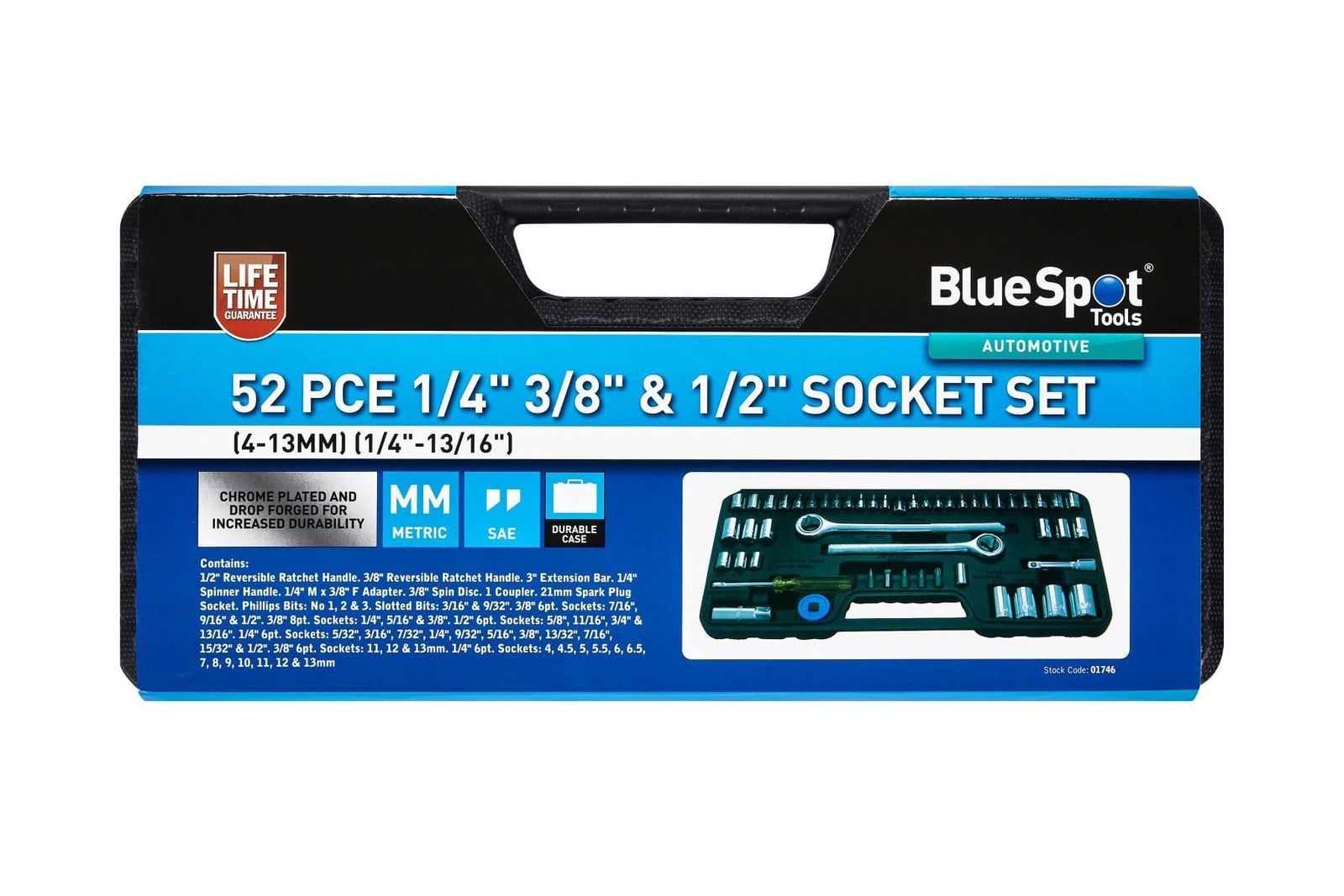 Blue Spot 01746 Socket Bit Set 1/4 3/8 1/2’D Metric Imperial Kit 52 Piece