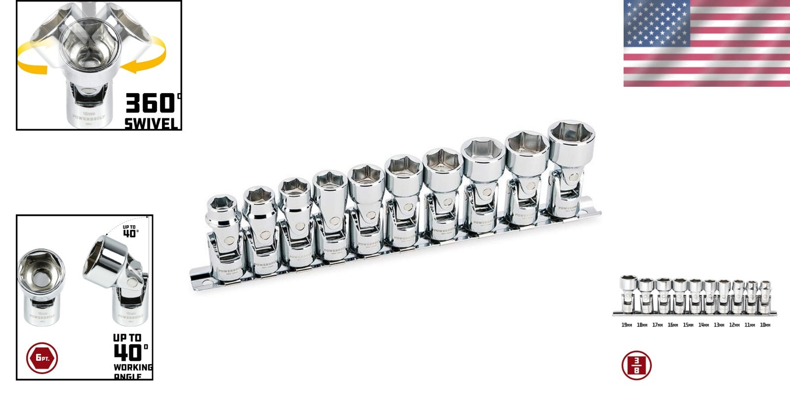 Durable 3/8-Inch Drive Metric Socket Set – 0mm to 19mm Swivel Design, 10 Pieces