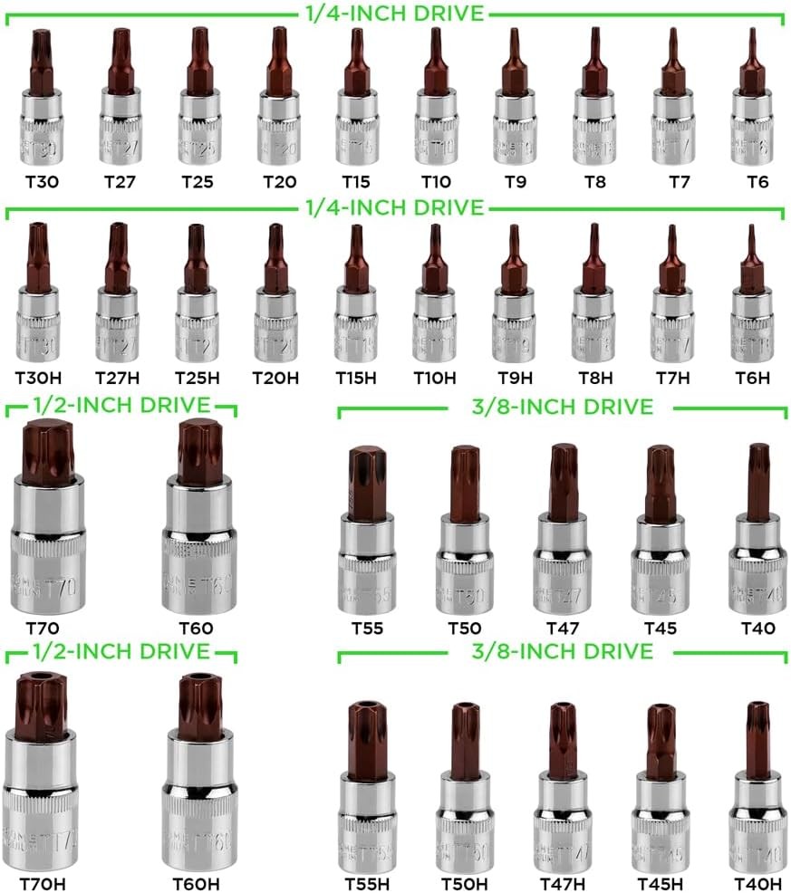 34PCS Master TORX Bit Socket Set,S2 Alloy Steel,Solid Star & Tamper Proof T6~T70