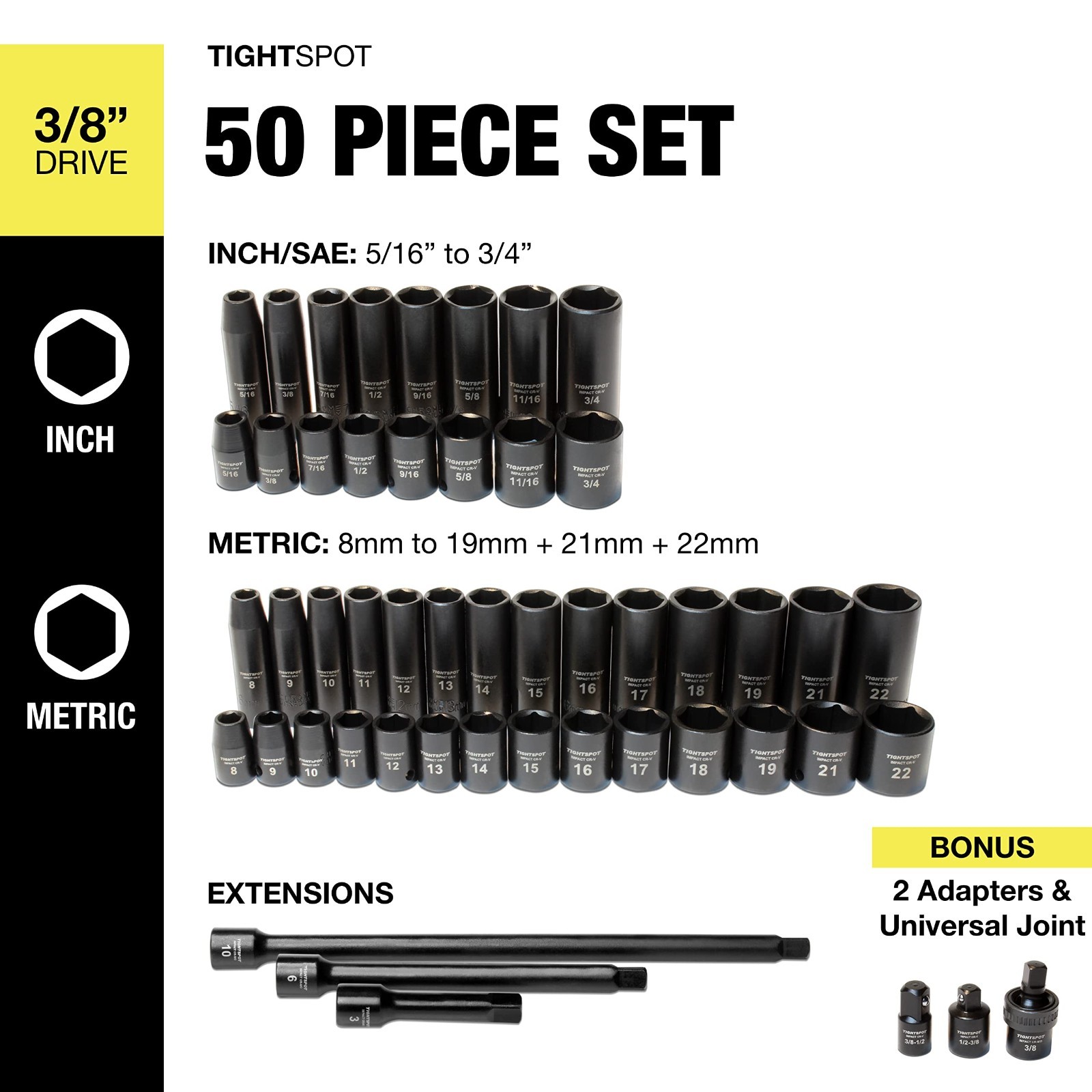50pc Impact Socket Set 3/8″ Drive – SAE & Metric Standard/Deep Sockets, Extensio