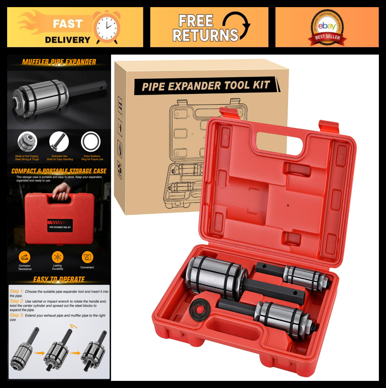 Heavy Duty Exhaust Pipe Expander Tool Set – 3PCS, 1-1/8″ to 3-1/2″, Tailpipe Spr