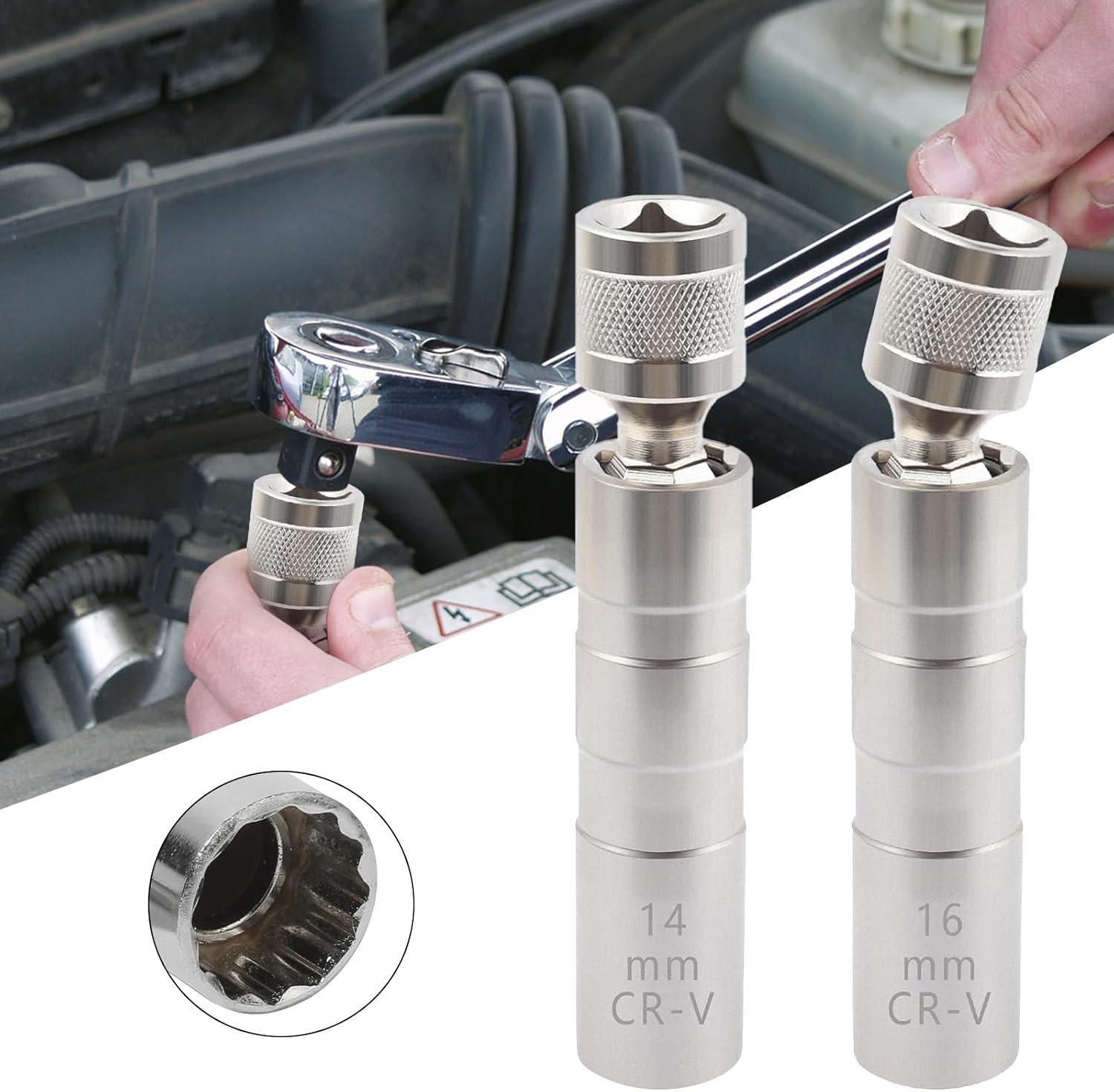 14mm&16mm(5/8″) Spark Plug Socket Set,Thin Walled Magnetic Universal, Silver