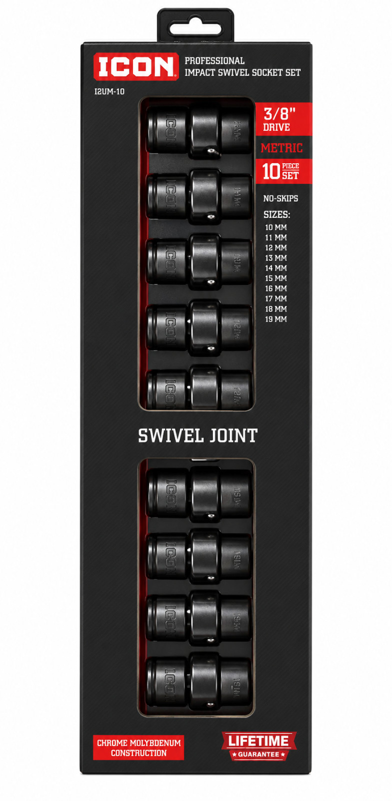 ICON 3/8″ Drive Metric Impact Swivel Socket Set, 10-Piece I2UM-10 59747