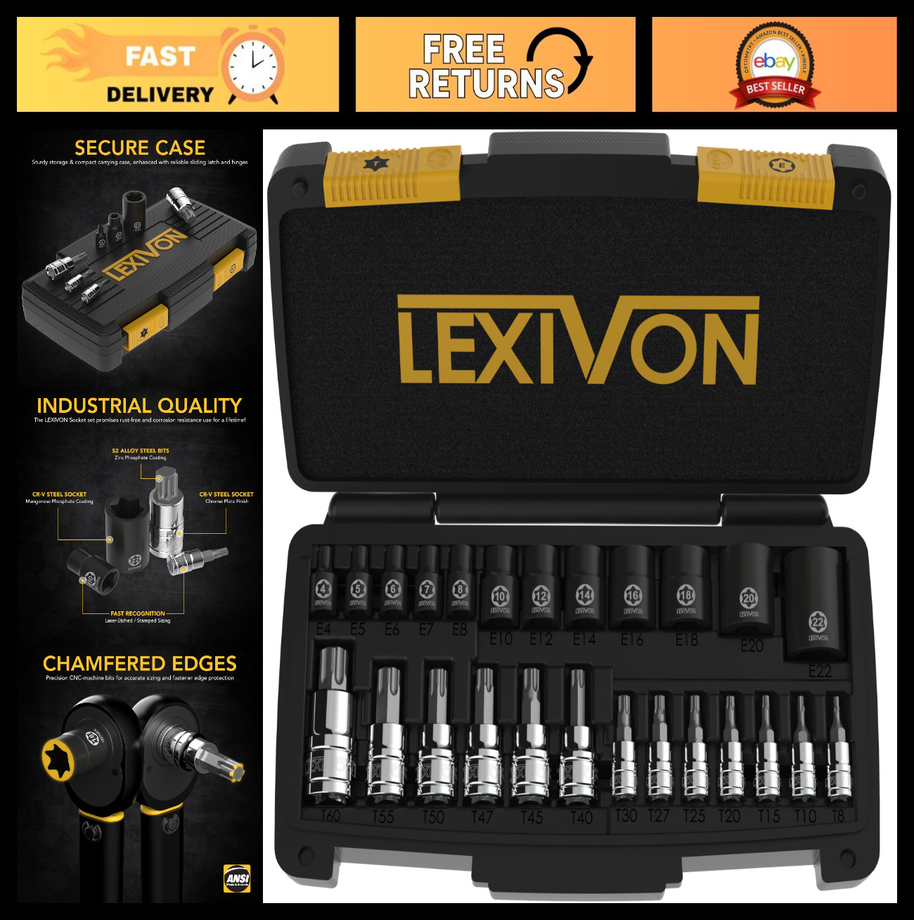 25-Piece Torx Bit & Socket Set, Premium S2 Alloy & Cr-V Steel, E-Torx T8-T60, He