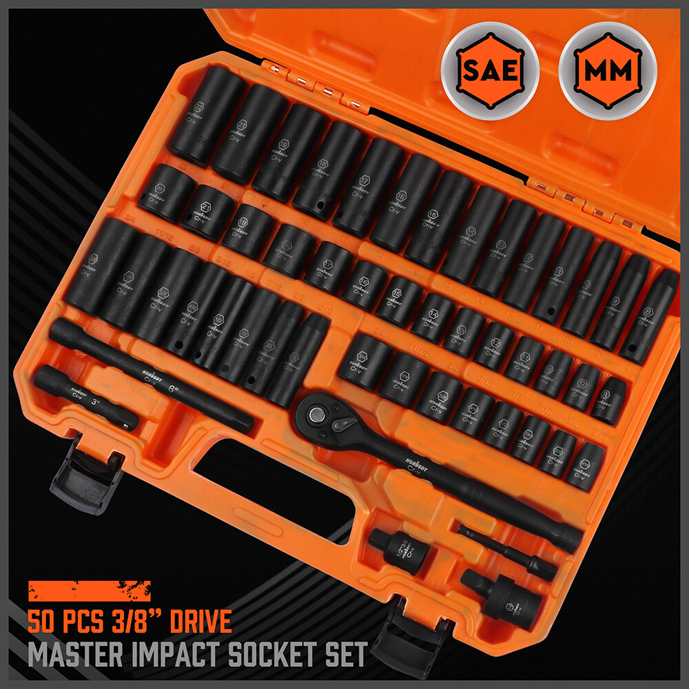 50PC 3/8″ Drive Impact Socket Set Deep & Standard SAE Metric 5/16 – 3/4 8 – 22MM