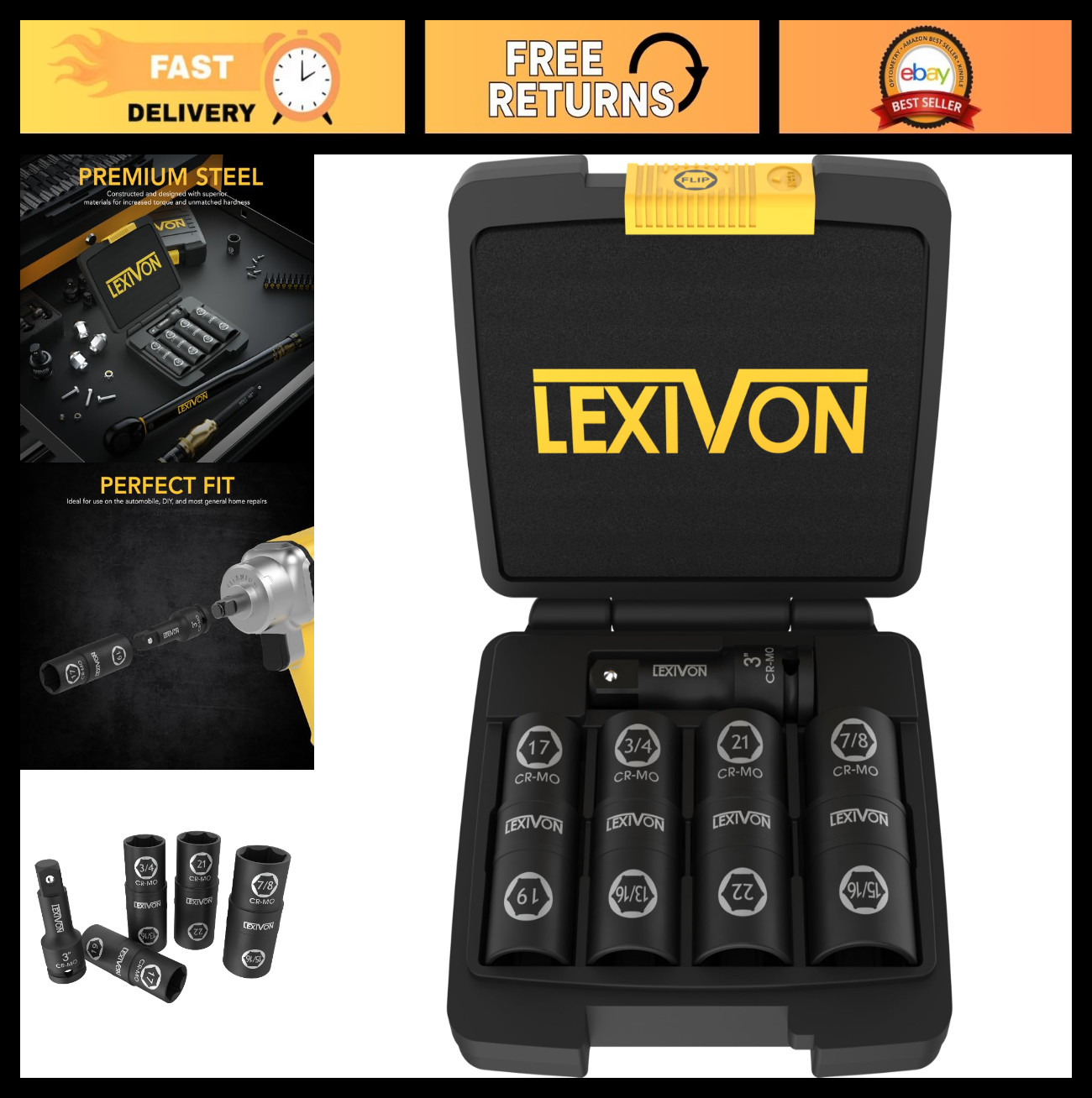 1/2″ Drive Lug Nut Impact Socket Set – 8-IN-4 Flip Design, Cr-Mo Steel, Inch & M