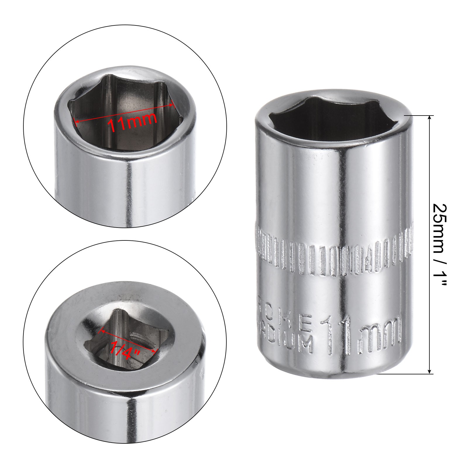 4Pcs 1/4-inch Drive 11mm Steel Chrome Plated 6-Point Shallow Socket