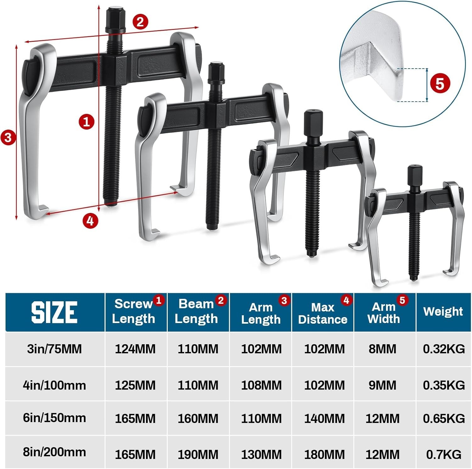 4 Pcs 2 Jaw Gear Puller Set 3in, 4in, 6in, 8in CR-V Steel