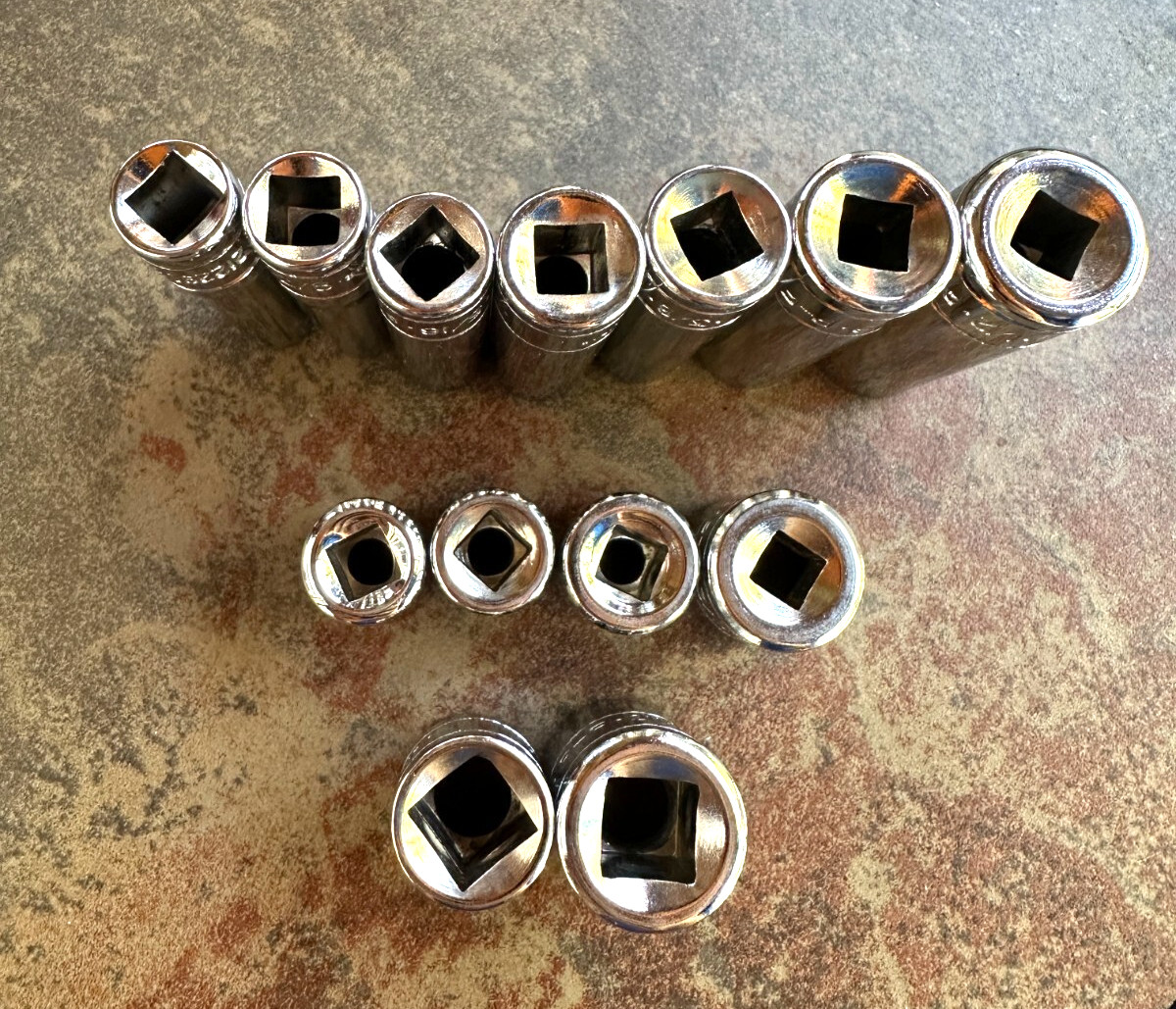 13 – P-F Deep and Normal Sockets 3/8 and 1/4 drive. Mostly New see sizes below