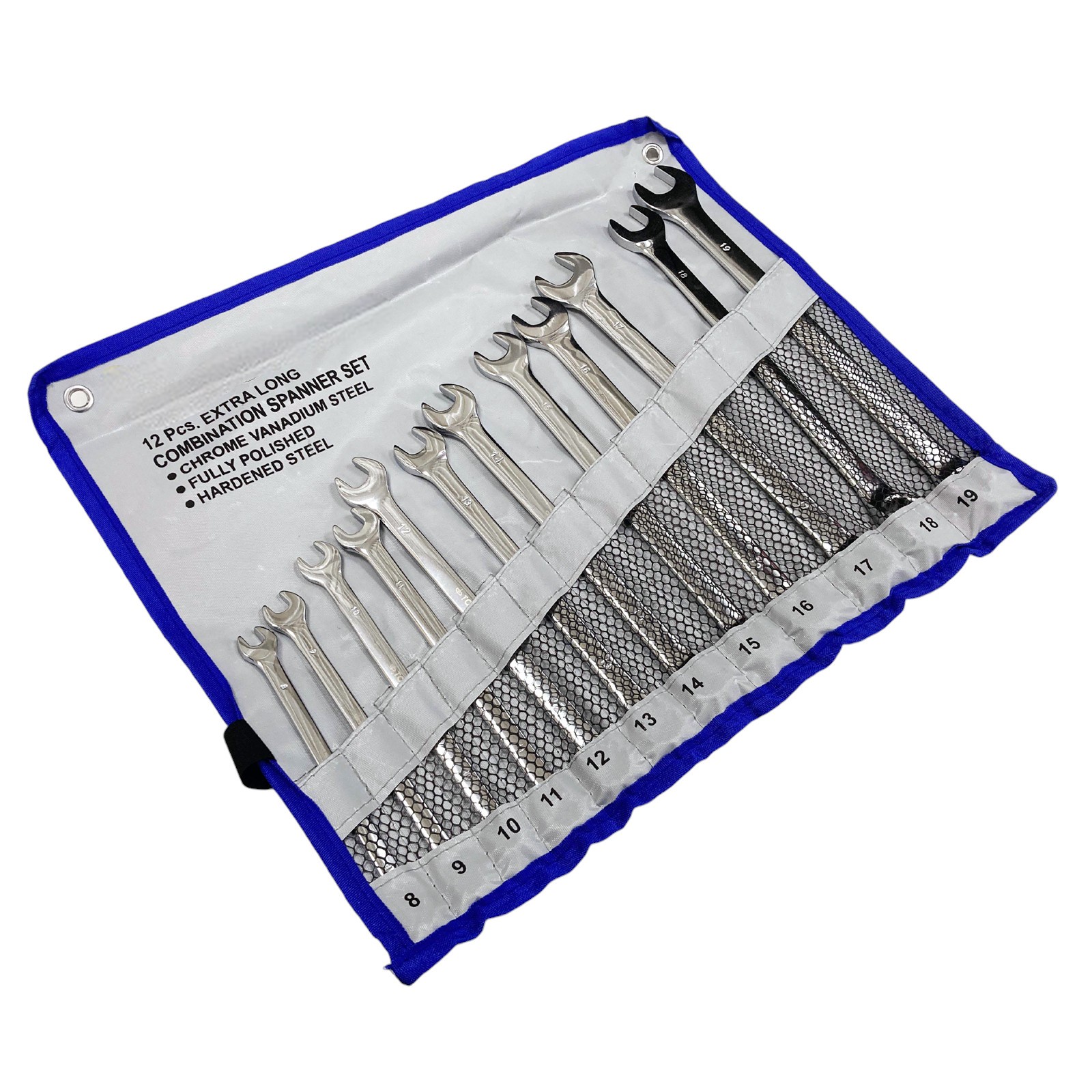 12pc Combination Spanner Set Extra Long 8-19mm Metric Wrenches Open Ring + Roll