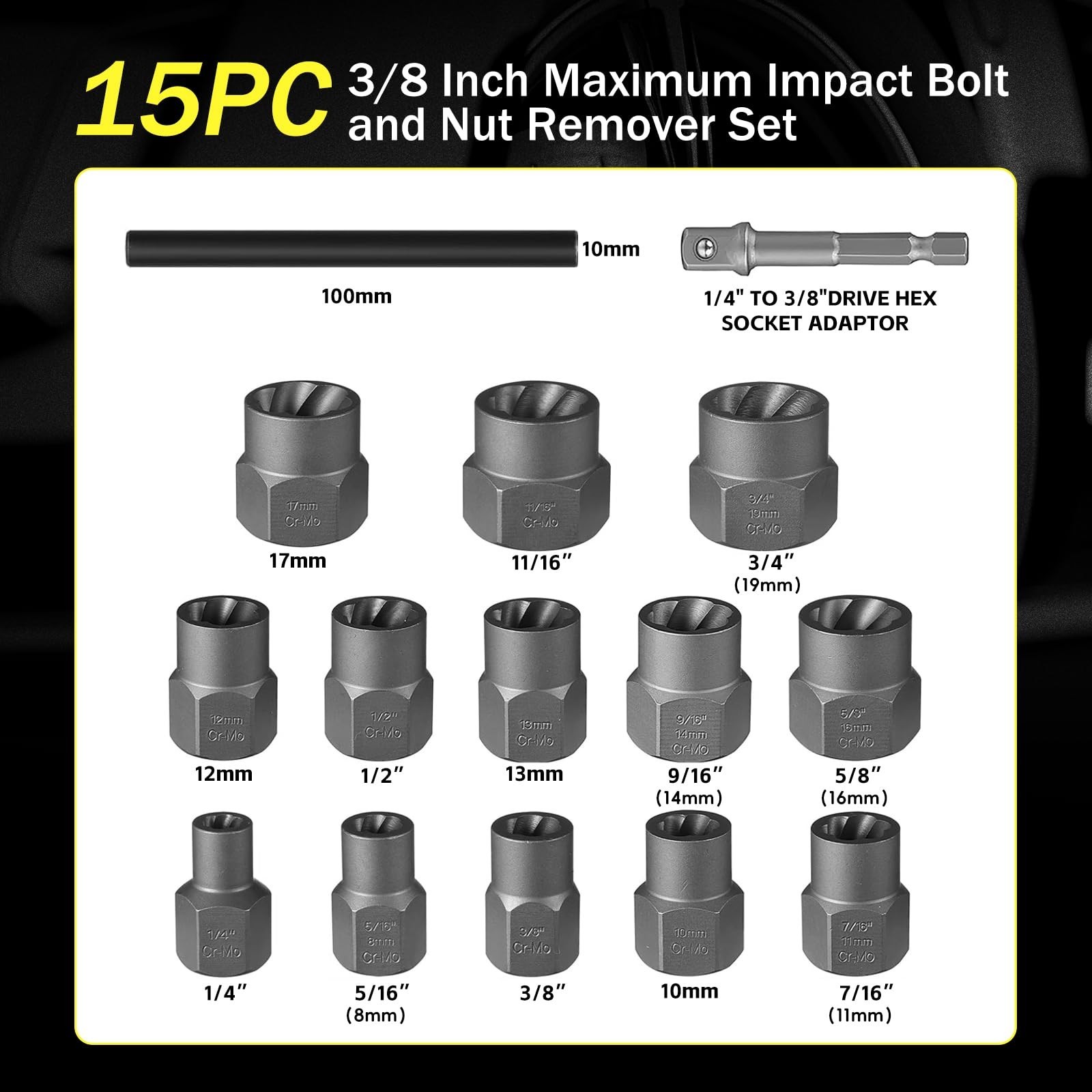 15Pcs Heavy-Duty Bolt Extractor Socket Set, 3/8″ Drive Nut Remover Tool, Rusted