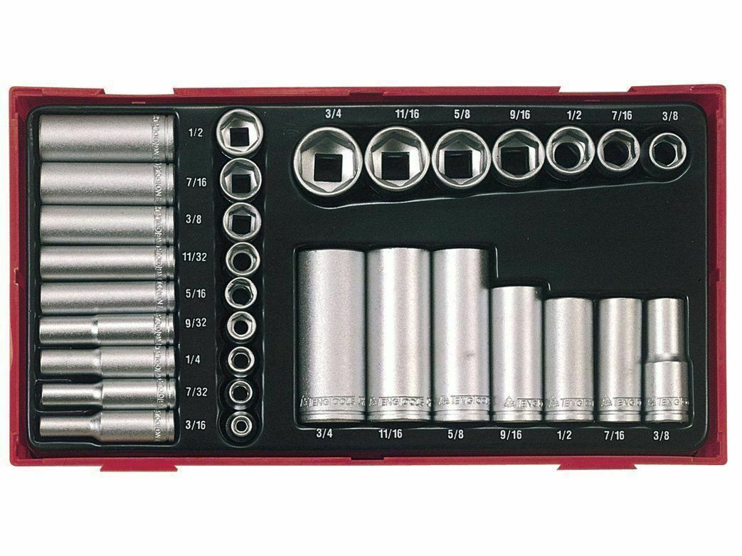 Teng Tools 1/4 & 3/8 Drive Socket Set Imperial + Case 3/16″ 3/4″ 6 Pt AF