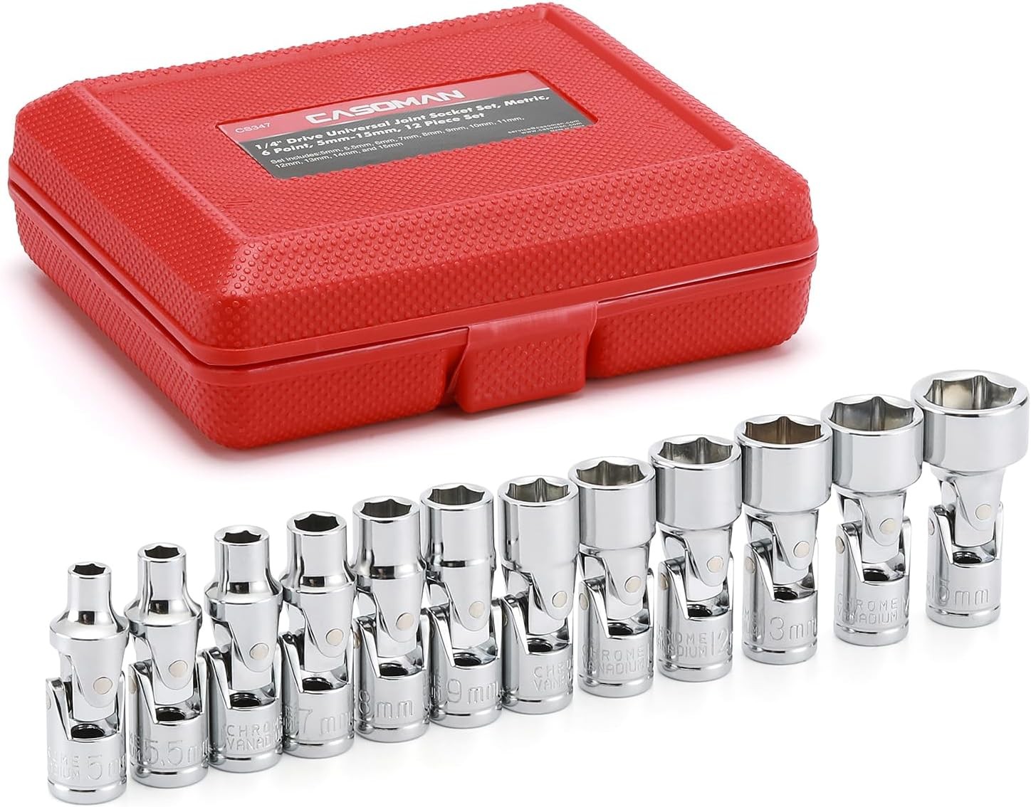12PCS 1/4 Inch Drive Universal Flex Socket Set,Metric,6-Point, CR-V, Swivel Head