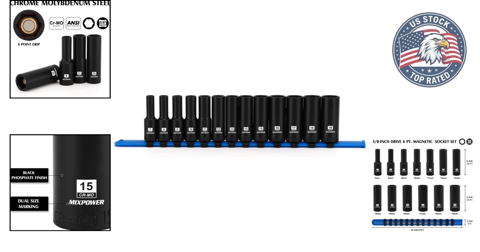 Magnetic 3/8″ Drive Impact Socket Set – 13PC, Chrome Molybdenum Steel, 6 Point