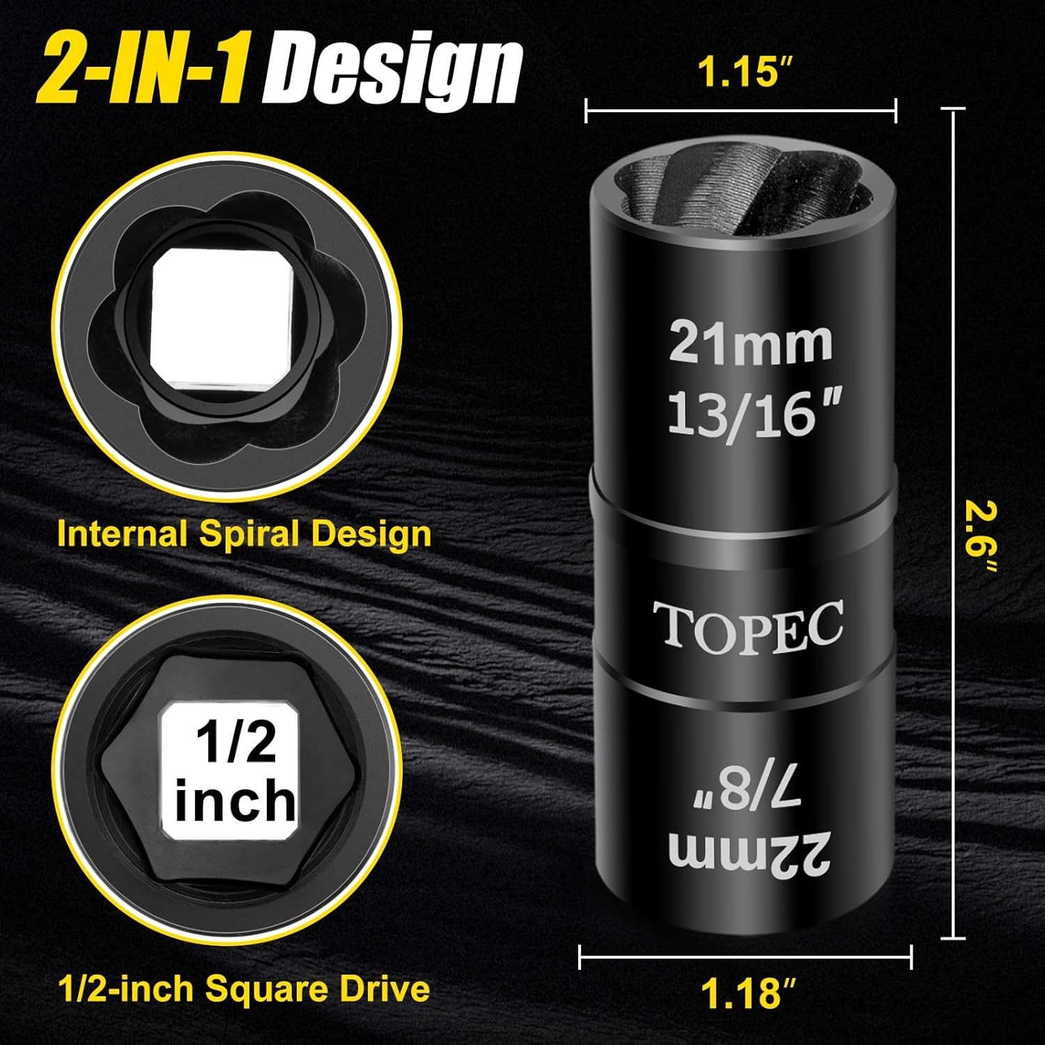 21mm x 22mm Dual-Head Lug Nut Extractor & Removal Tool – 1/2″ Drive, Heavy Du…