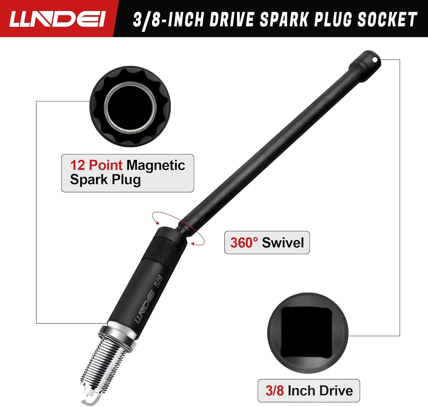 6Pc 3/8″ Drive Magnetic Swivel Spark Plug Socket Set 12-Point Thin Wall