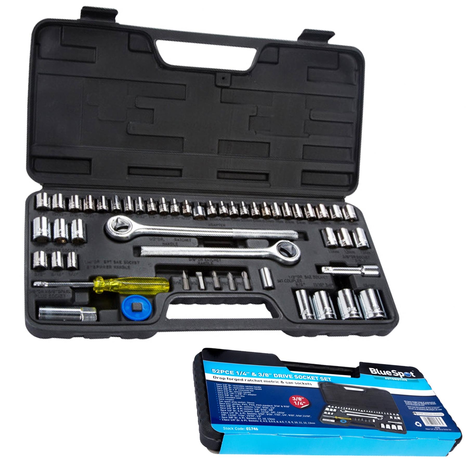 BlueSpot 52Pcs Metric Imperial Socket Set 3/8″ 1/4″ Drive Ratchet Extension