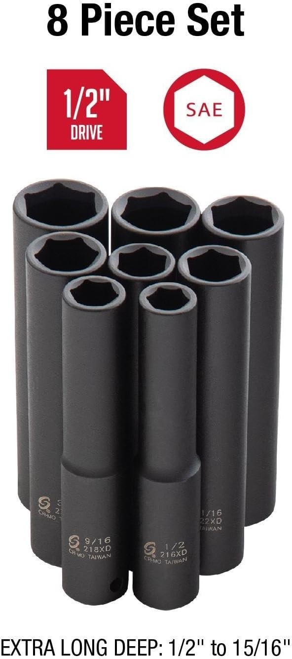 Sunex 2848 8-Piece 1/2» Drive Impact Socket Set – Extra Long Deep SAE Tools