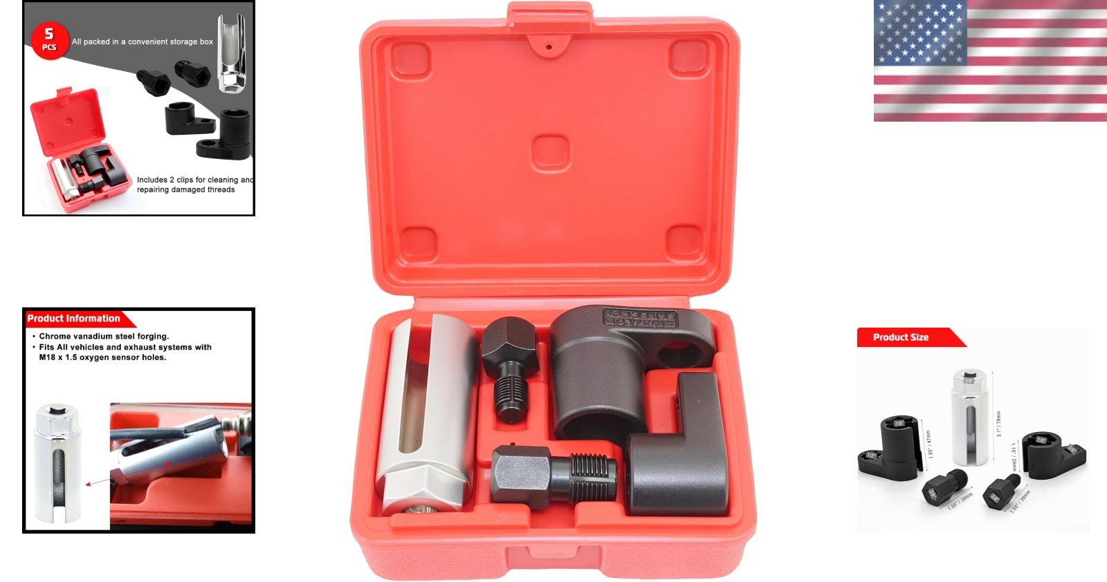 Chrome Vanadium O2 Sensor Tool Set – 5-Piece Compact Wrench and Thread Chasers