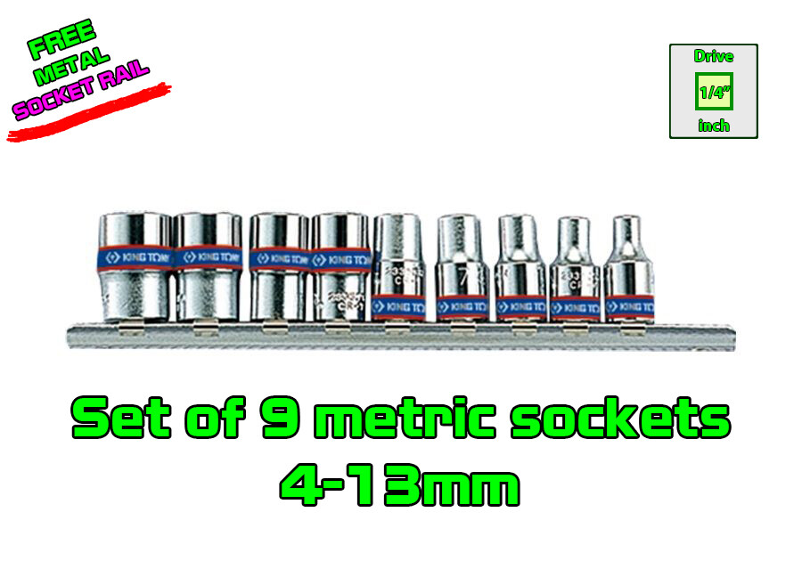 Set of 9 pcs 1/4” Drive 6Point Metric Standard Sockets 4-13mm Size 6pt KING Tony