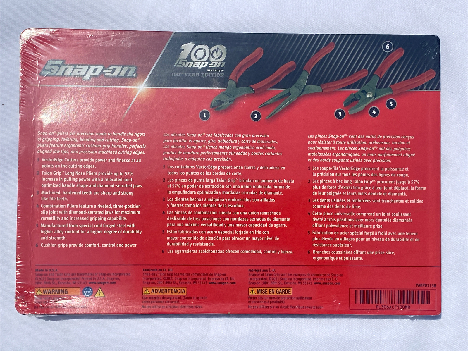 Snap On 100th Anniversary 3Pc Pliers Set Red PL306ACF100MR Brand New