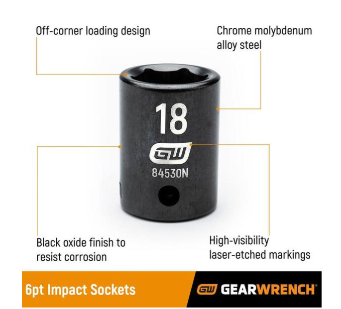 1/2 In. Drive 6 Point Metric Standard Impact Socket 18 Mm