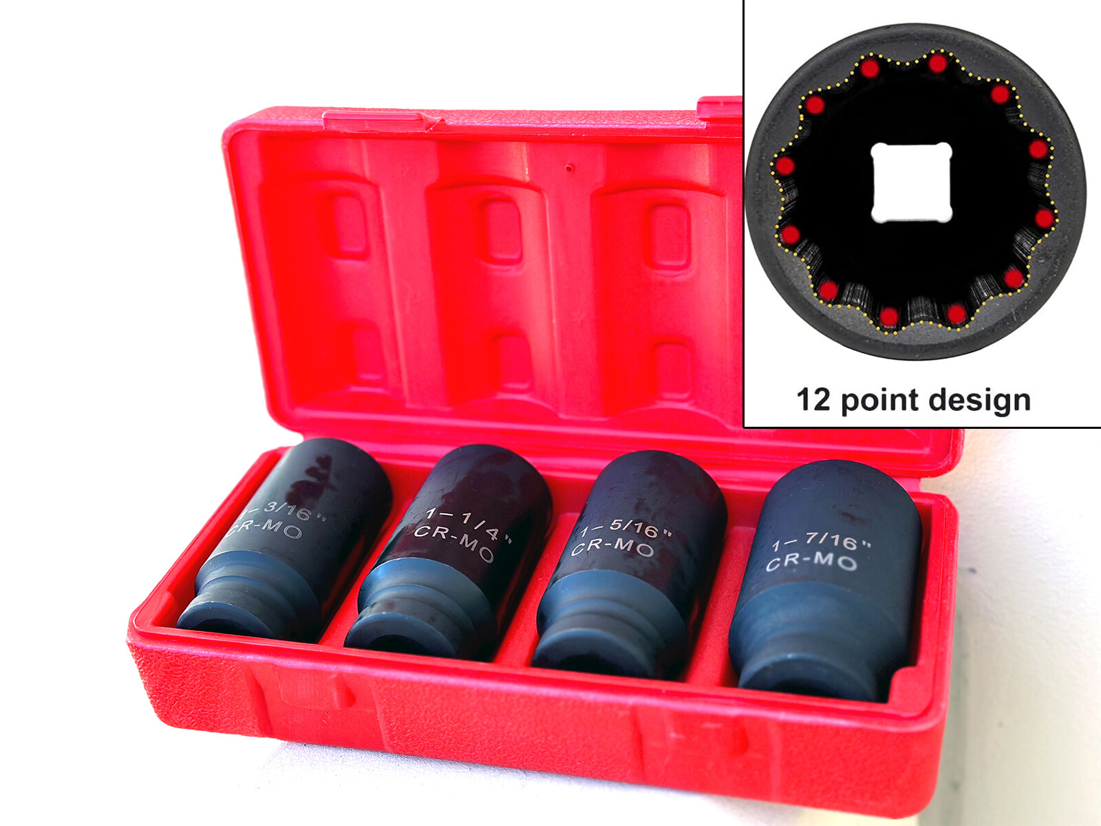 4pc SAE 1/2″ Dr. 12 Point Spindle Axle Nut Impact Socket Set 90mm CR-MO Sockets