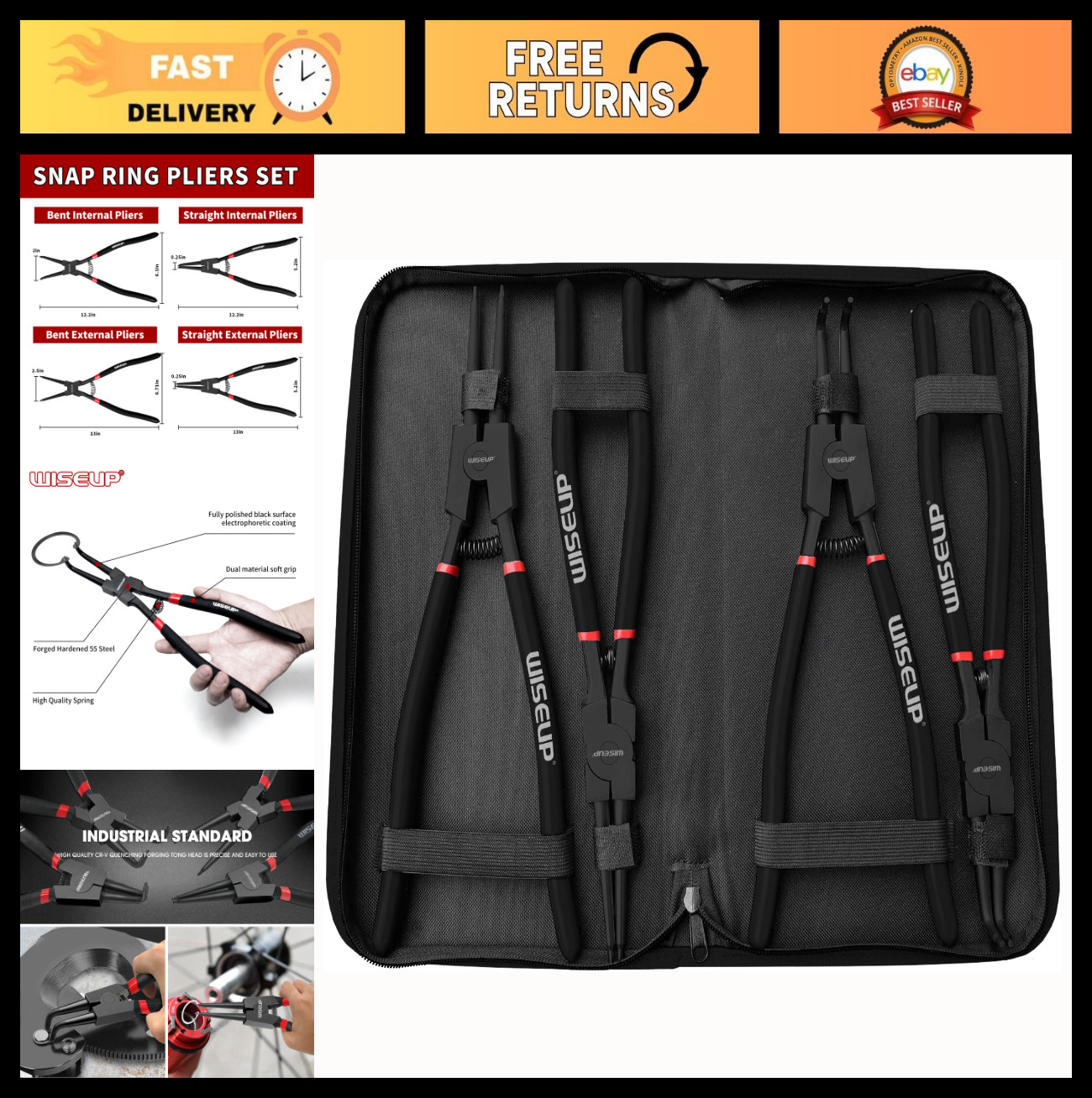 Heavy Duty Snap Ring Pliers Set 4PCS – 13″ Internal/External Circlip Kit, C-Clip