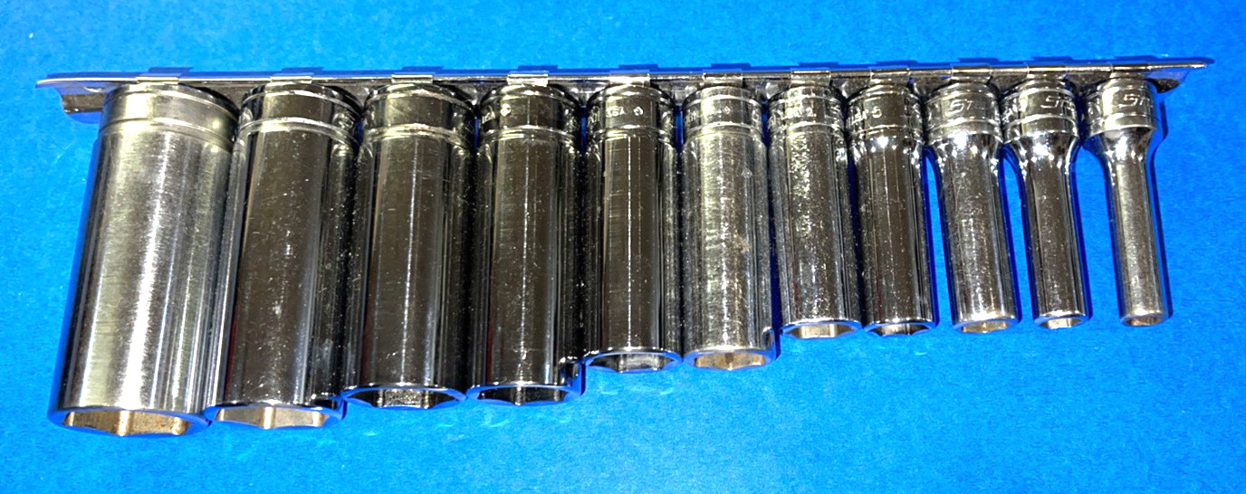 SNAP-ON TOOLS 11 PIECE 3/8 DRIVE SAE. DEEP CHROME 6 POINT SOCKET SET 211SFSY