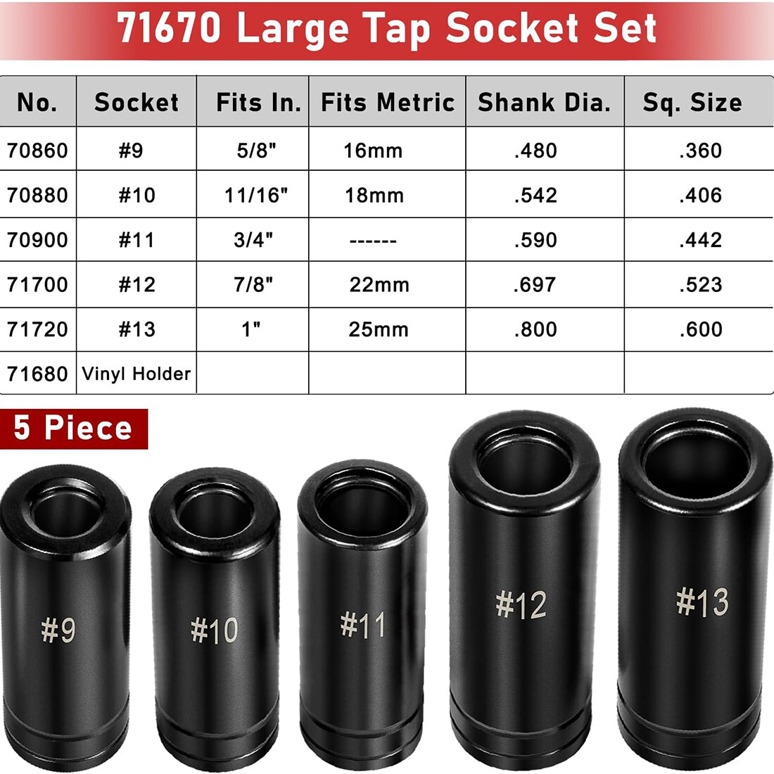 71670 Large Tap Socket Set For 5/8″, 11/16″, 3/4″, 7/8″ and 1″ Taps, 1/2″ Drive