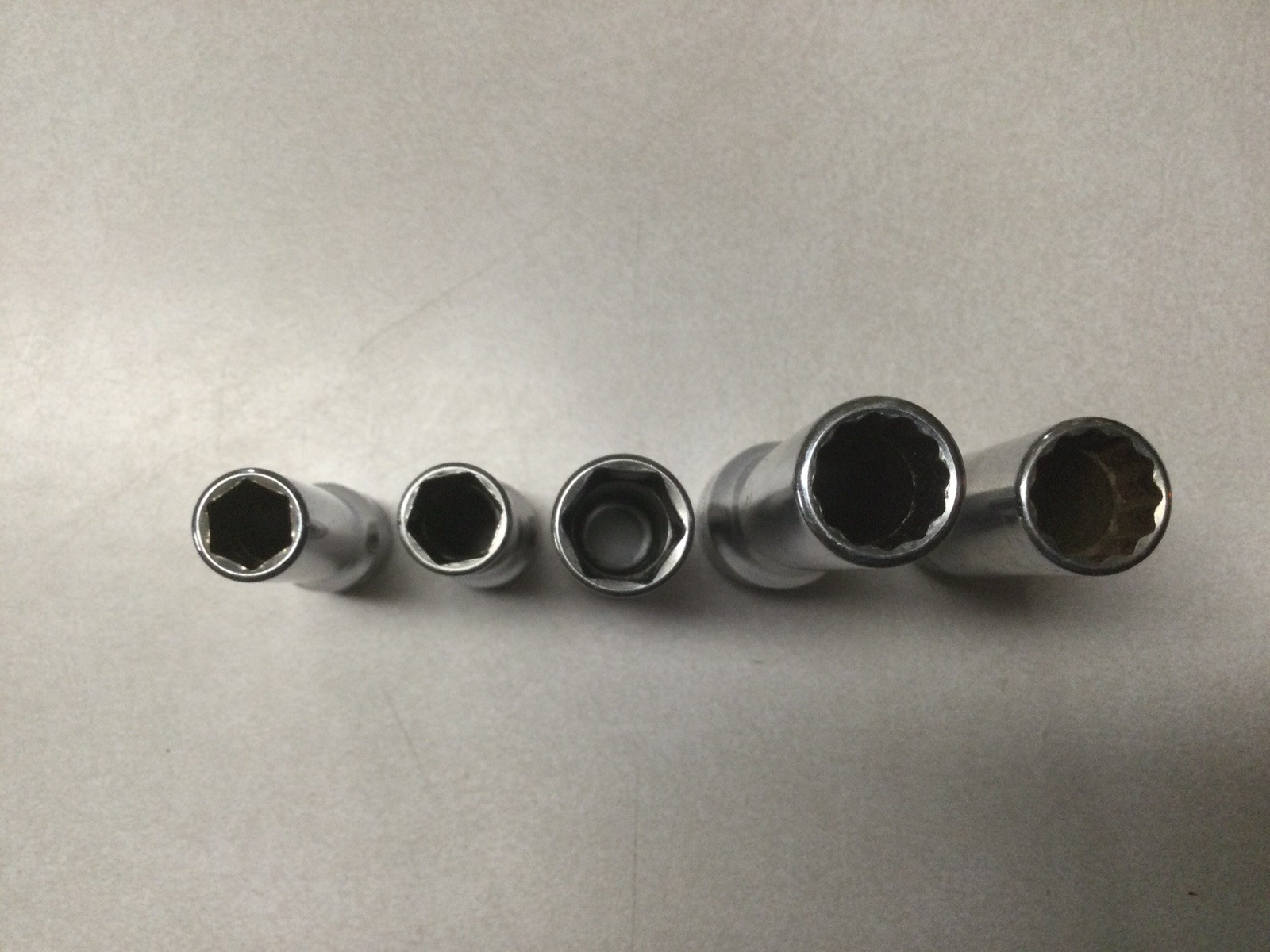 5-Snap-On Tools USA 12/13/14/10mm & 3/8” 6 Point Deep Chrome Sockets 1/4-1/2” Dr