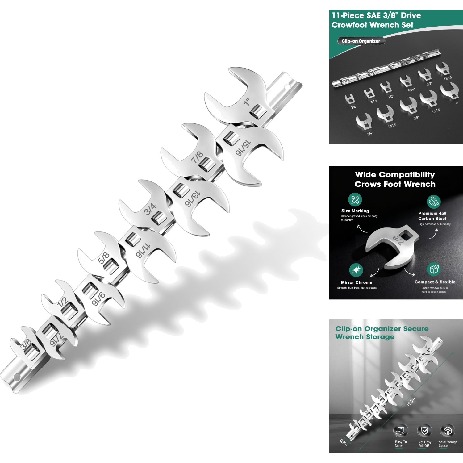 11-Piece Crows Foot Wrench Set SAE 3/8″ to 1″ 3/8-Drive Flare Nut Tool Organizer