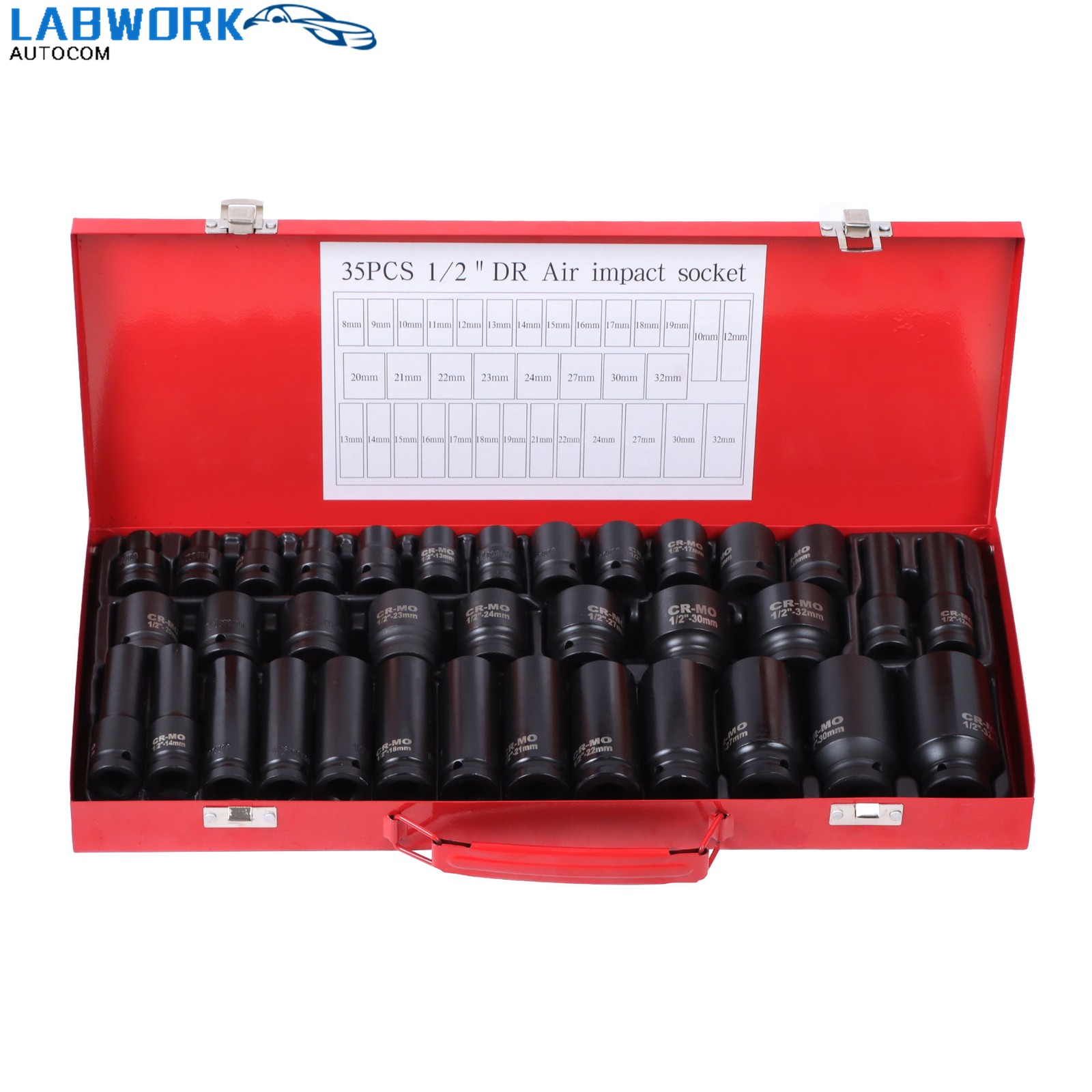35PCS 1/2″ Deep Impact Socket Set Drive 6 Point Metric Garage Tool 8 – 32mm