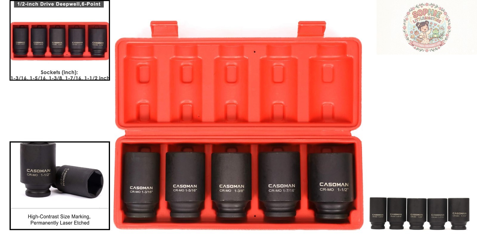 High-Torque 5-Piece Deep Axle Nut Impact Socket Set – Corrosion-Resistant Finish