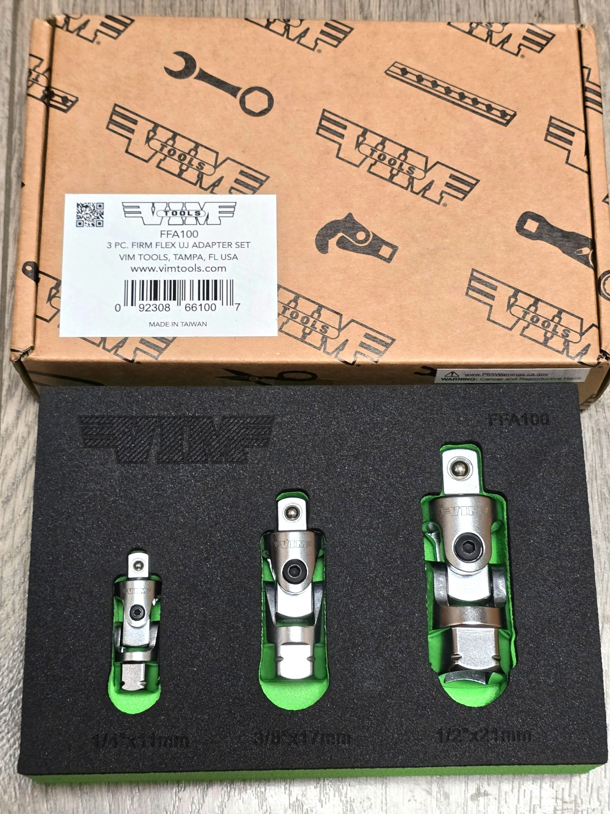 VIM FFA100 3pc Dual Drive Spring Loaded Firm Flex Universal Joint Adapter Set