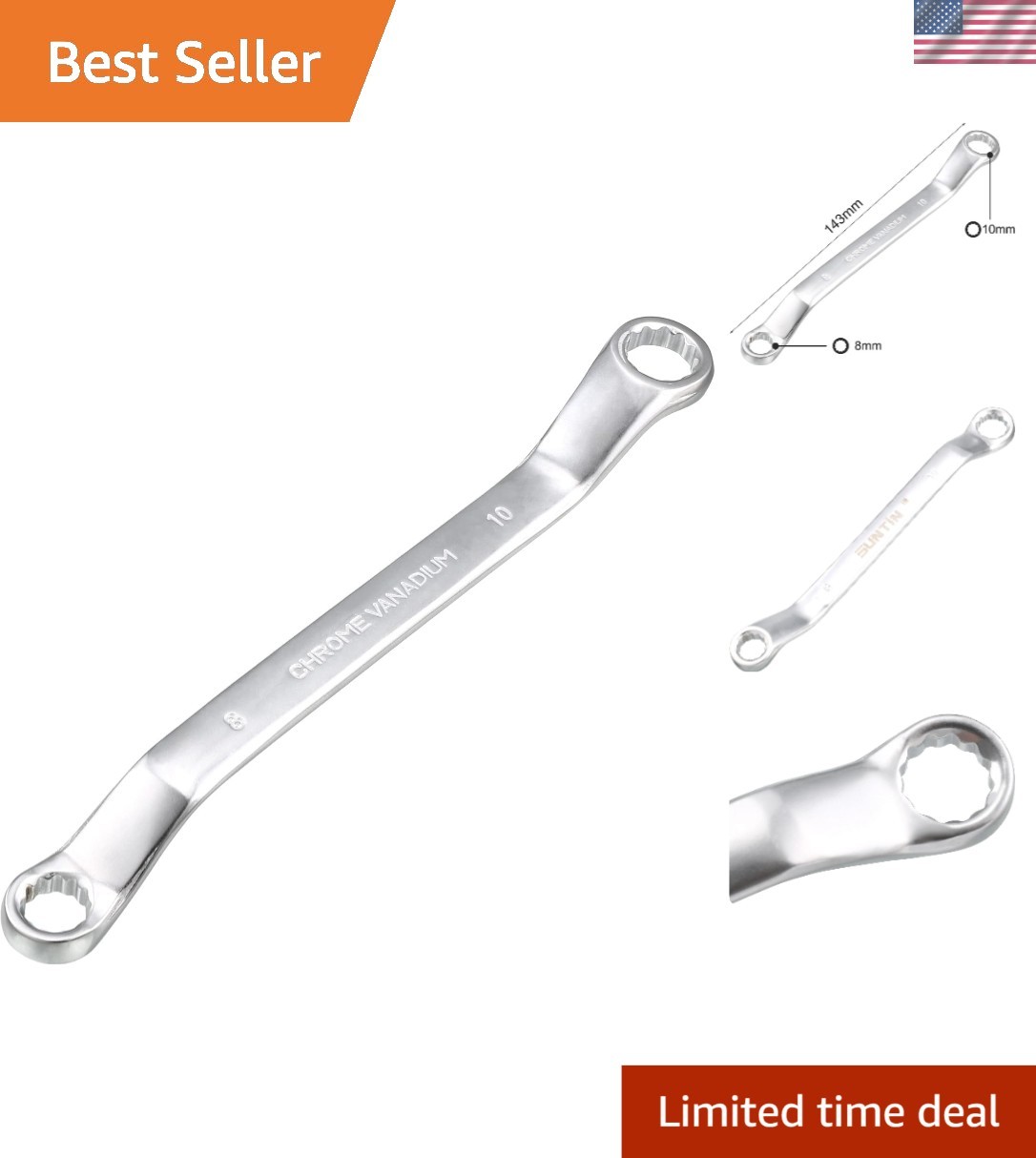 8mm x 10mm Metric 12 Point Offset Double Box End Wrench Chrome Plated, Cr-V S…