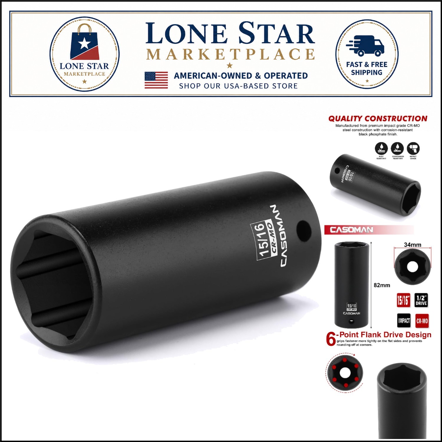 Precision 1/2″ Drive 15/16″ Deep Impact Socket – Corrosion-Resistant CR-MO Steel