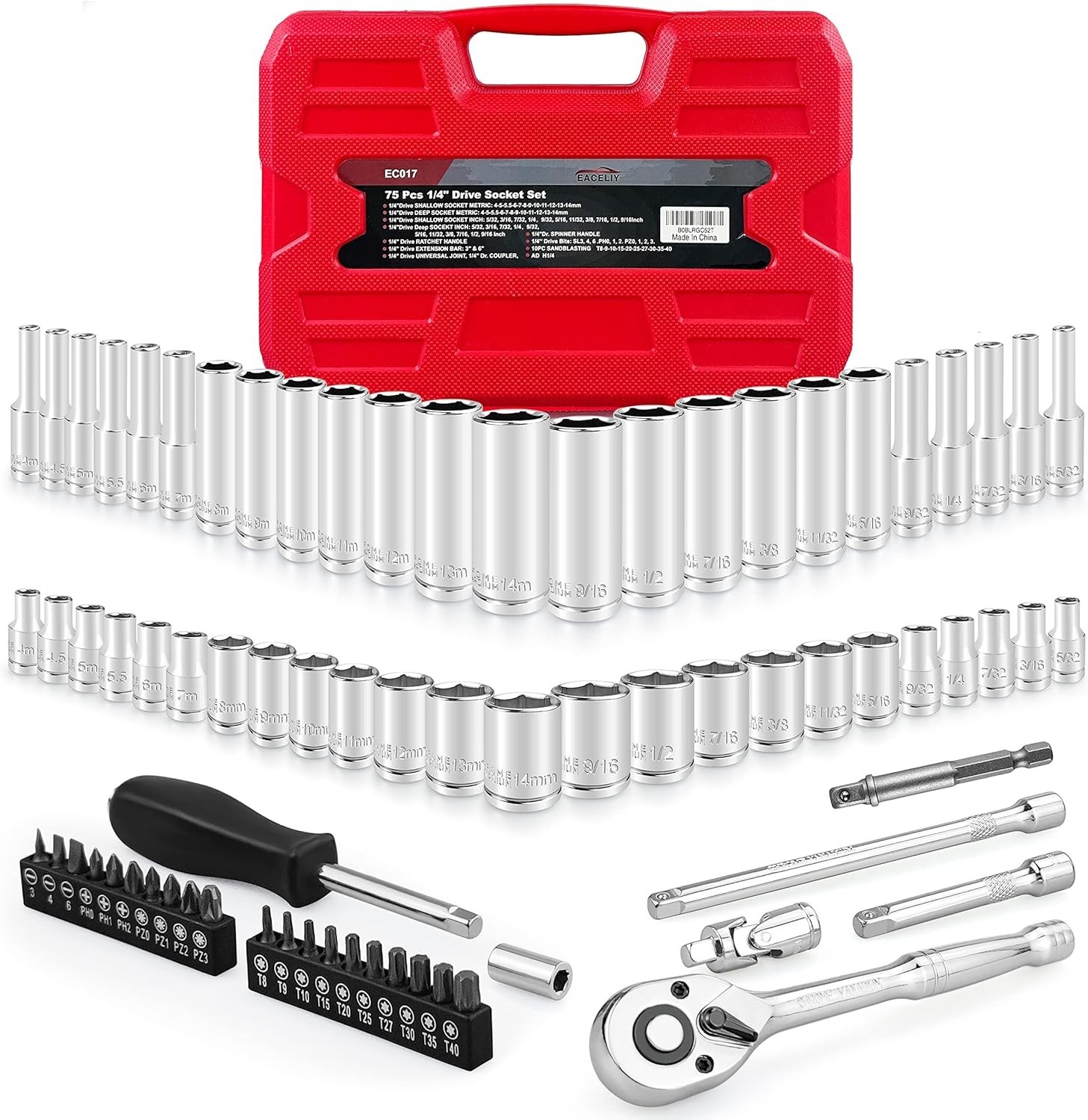 75pcs 1/4″ Drive Master Impact Socket Wrench Set with Case,Metric & SAE, 6-Point