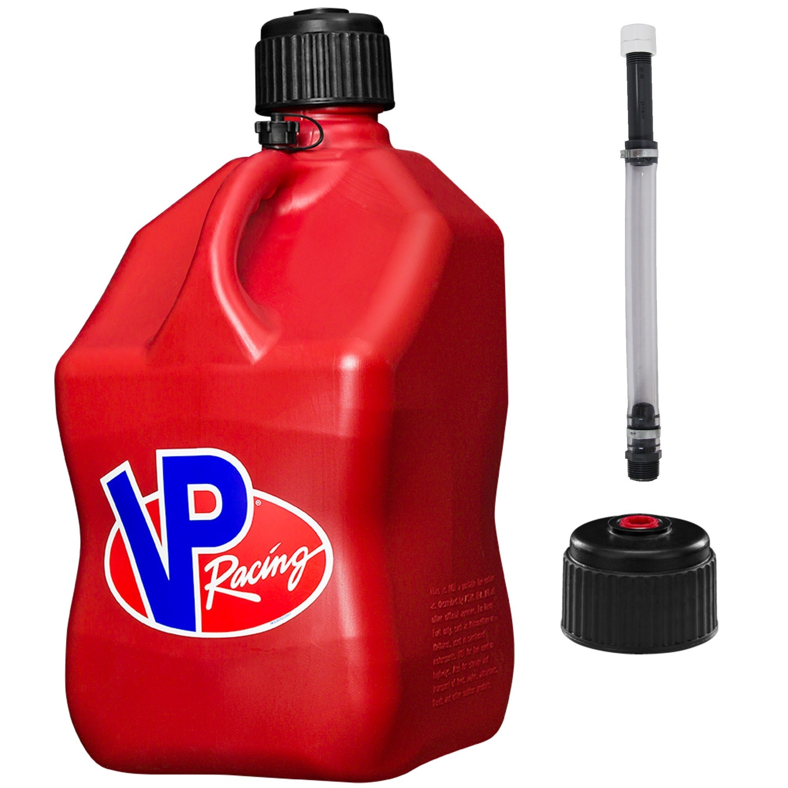VP Racing Square Fuel Jug 5 Gallon Red – With Spare Cap and Filler Hose