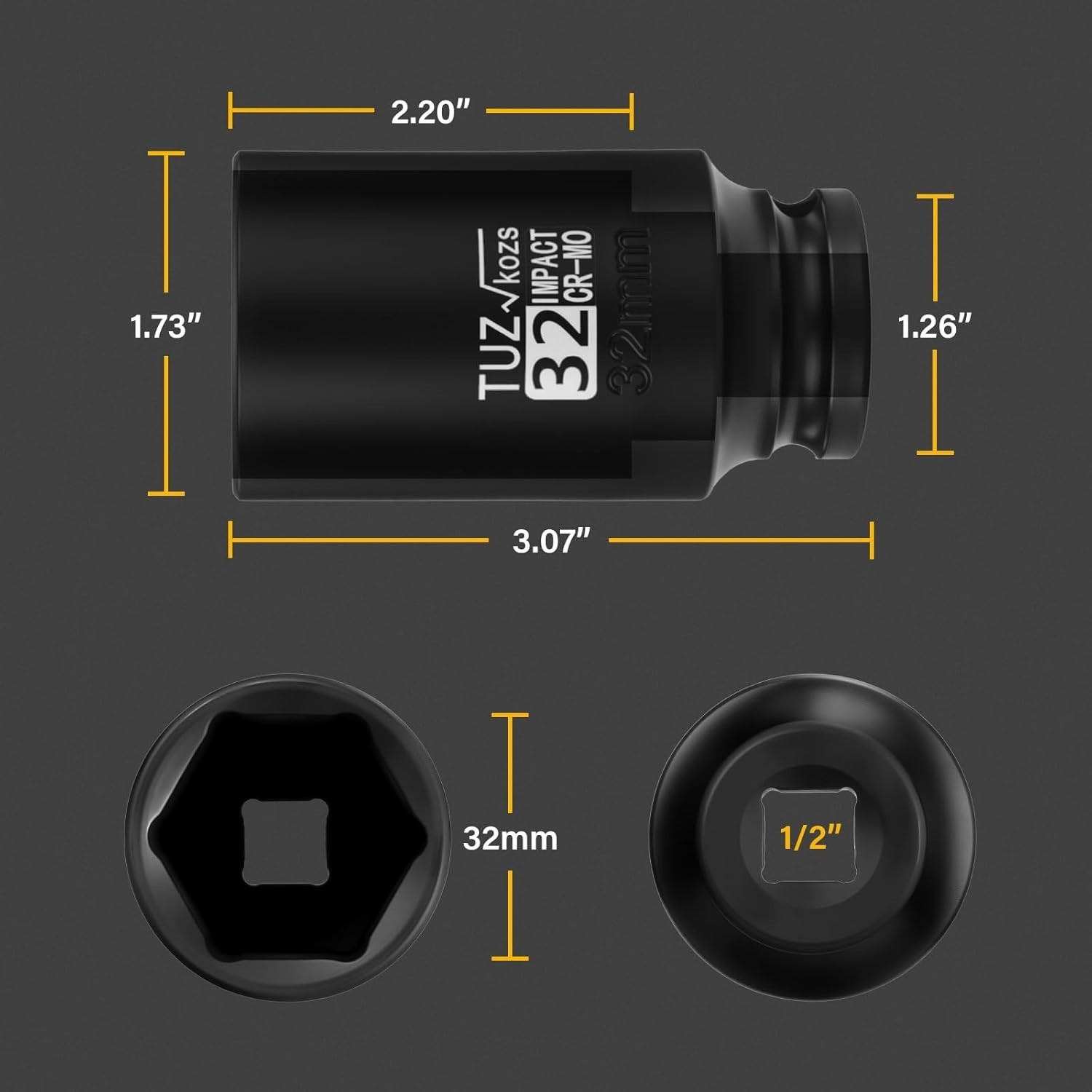 Professional 1/2 Drive 32mm Impact Socket – Enhanced Torque & Slip Resistance