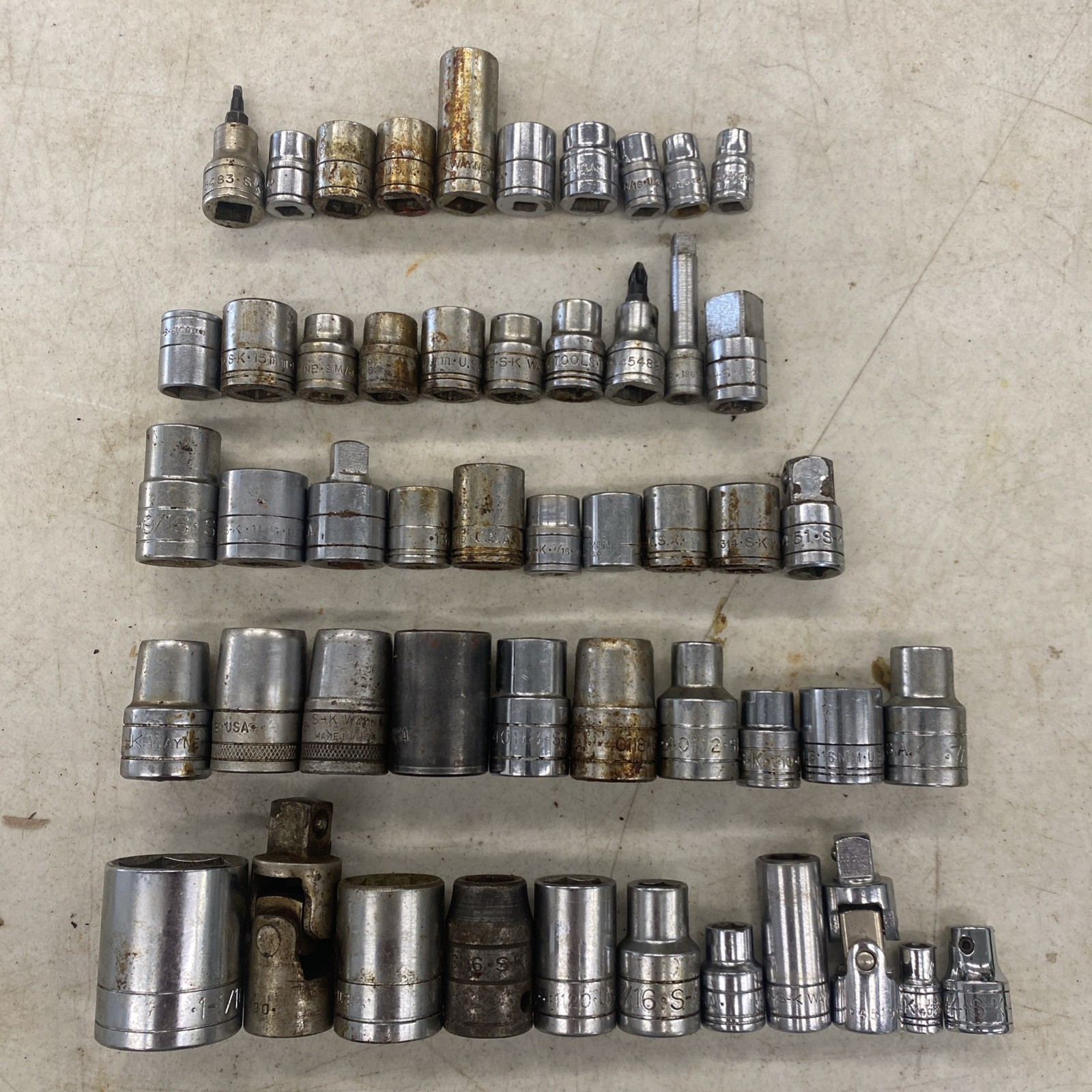 50 pc. Lot Vintage S-K SK USA Made 1/4, 3/8, 1/2″ Drive Sockets READ, M0554L