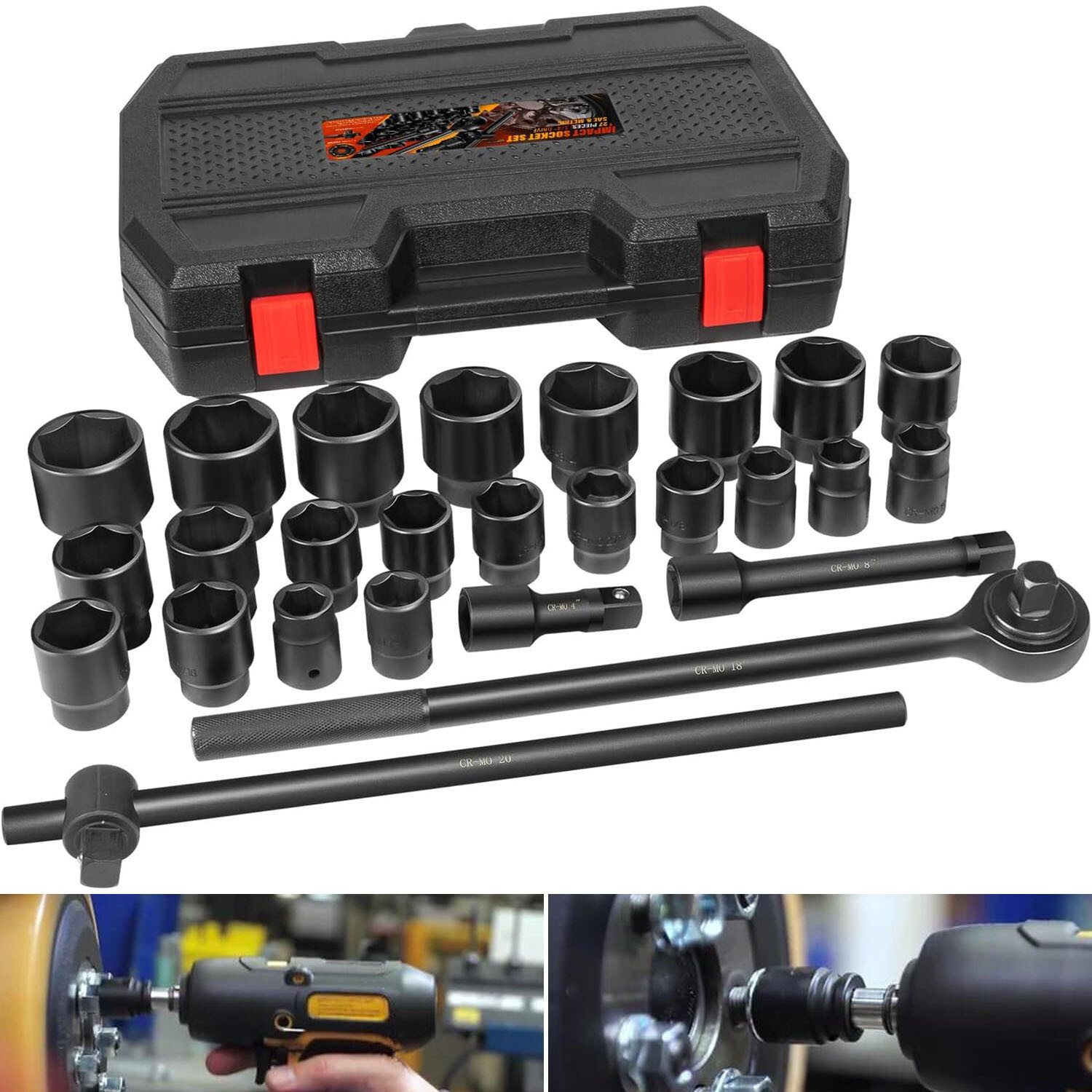27pcs 3/4″ Drive 6 Point Impact Socket Set Standard SAE 7/8″ -2″ Metric 22-50 mm