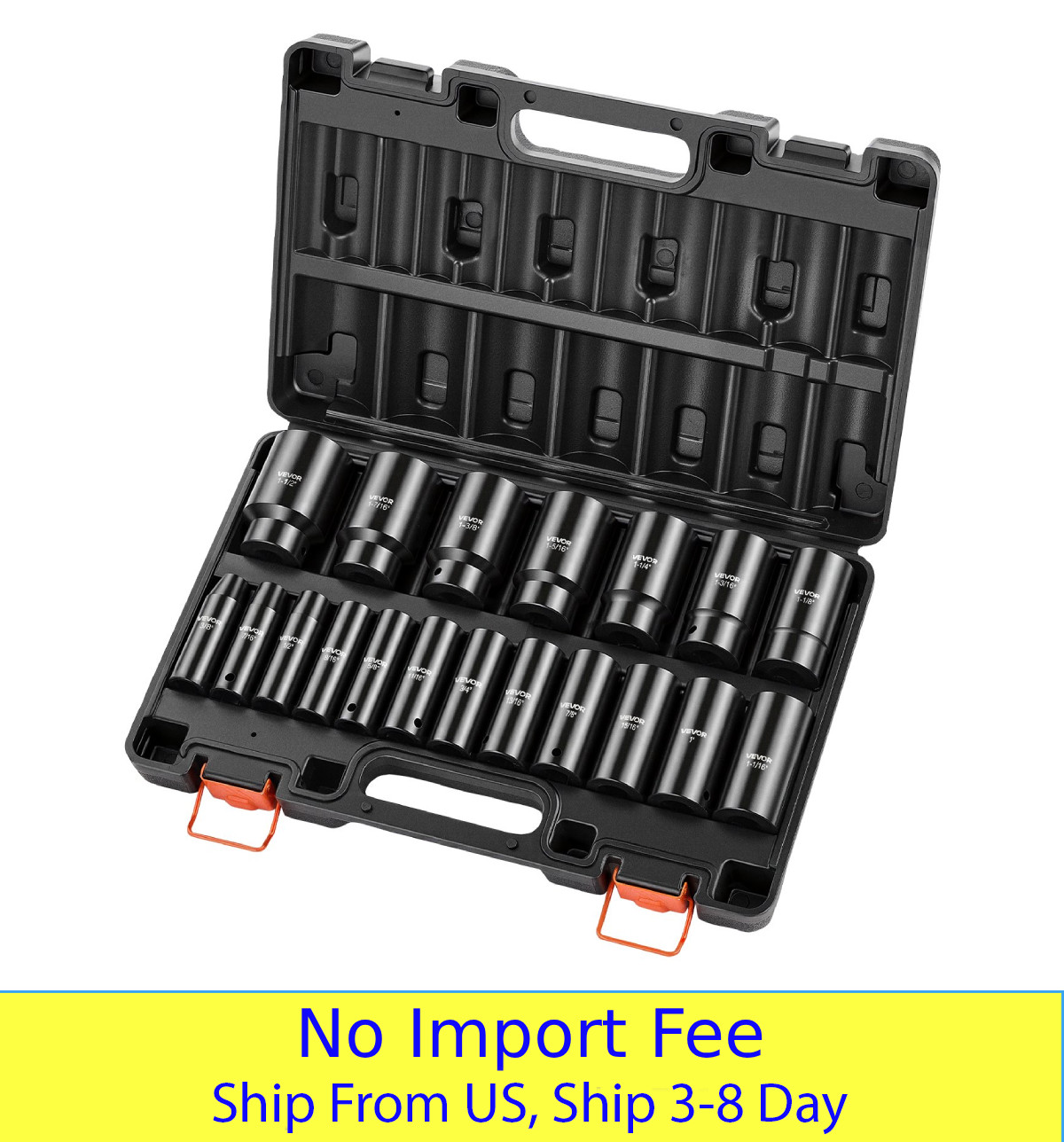 19Pcs 1/2″ Drive Impact Socket Set Deep 6 Point CR-V Steel SAE 3/8″ to 1-1/2″ He