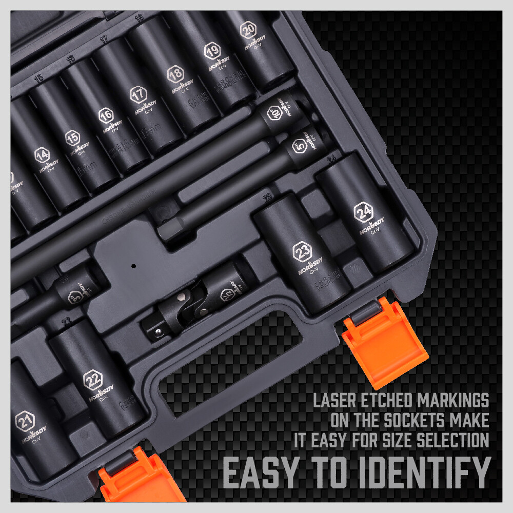 1/2-Inch Drive Deep Impact Socket Set Metric CR-V 6 Point 19PC 10mm – 24mm Case