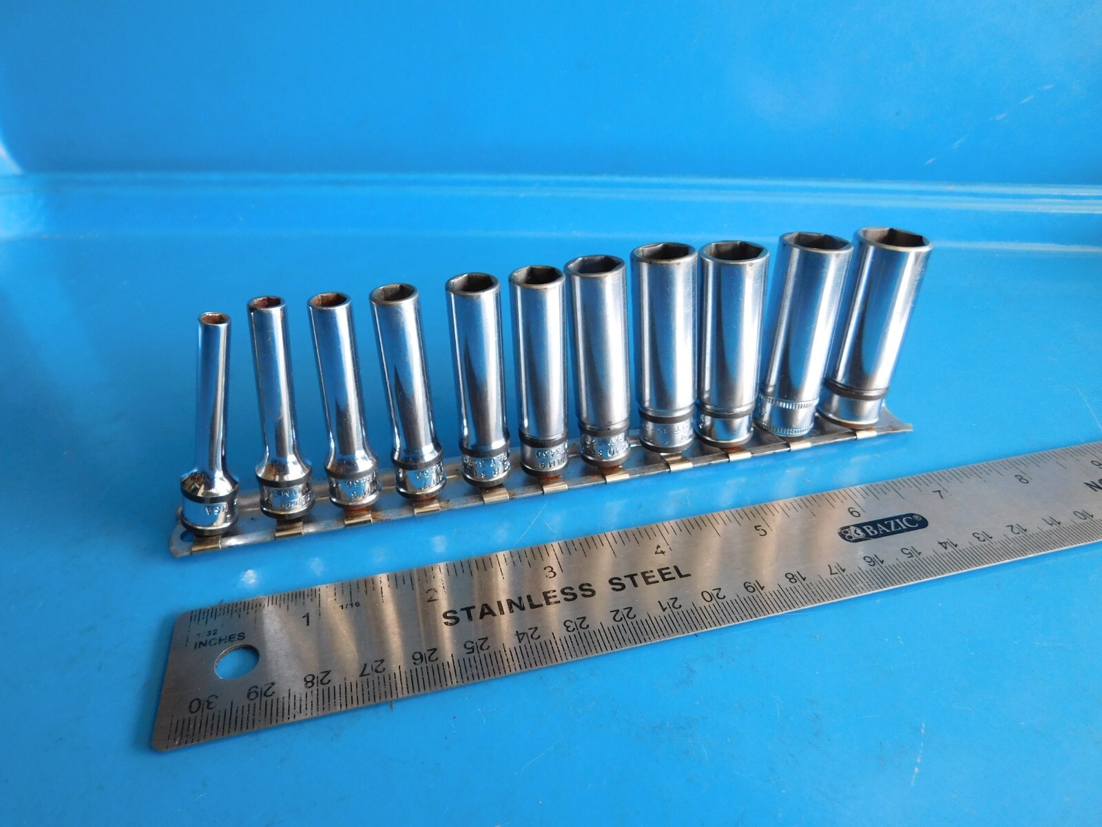 USED, SNAP ON 1/4 IN. DR. DEEP SOCKETS , 11 PC’S. 4MM THRU 14MM