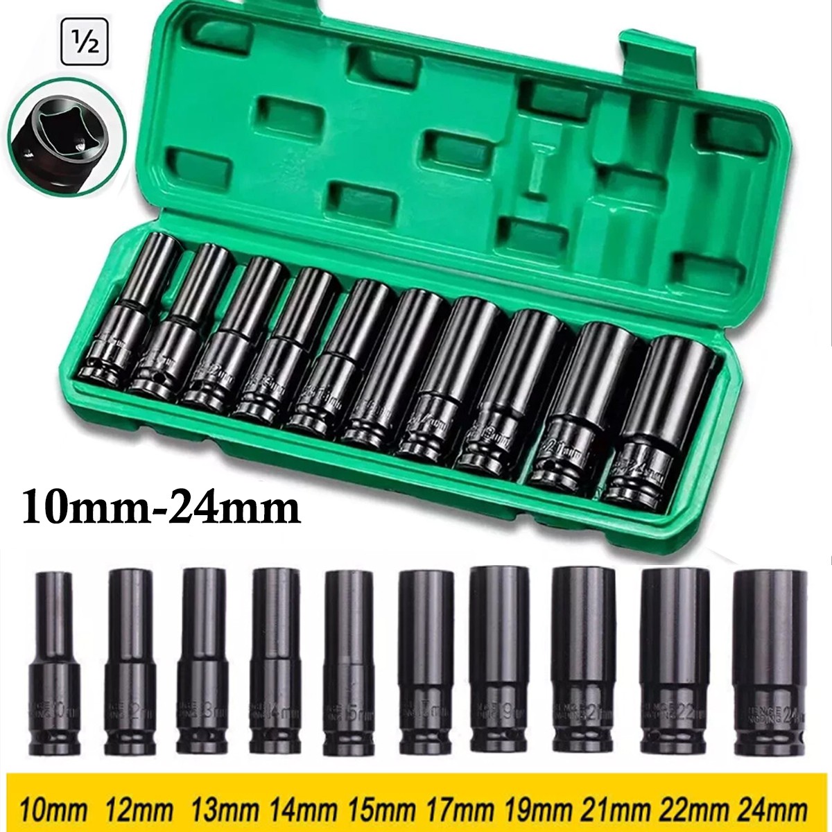 20PCS 1/2Inch Impact Sockets Set Drive Metric 8mm-32mm Deep 6-Point Set w/case