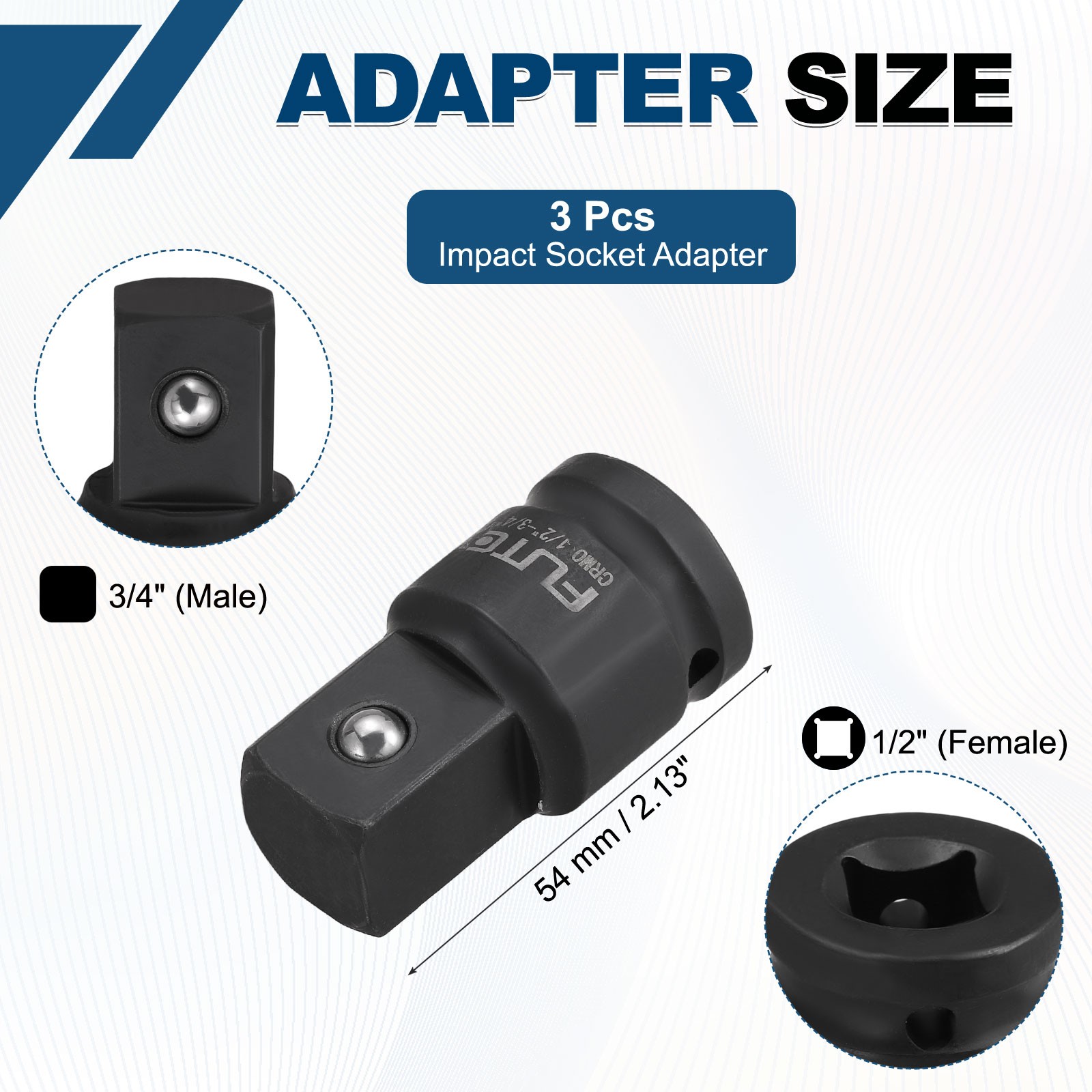3Pcs Impact Socket Adapters 1/2″ Female to 3/4″ Male Black